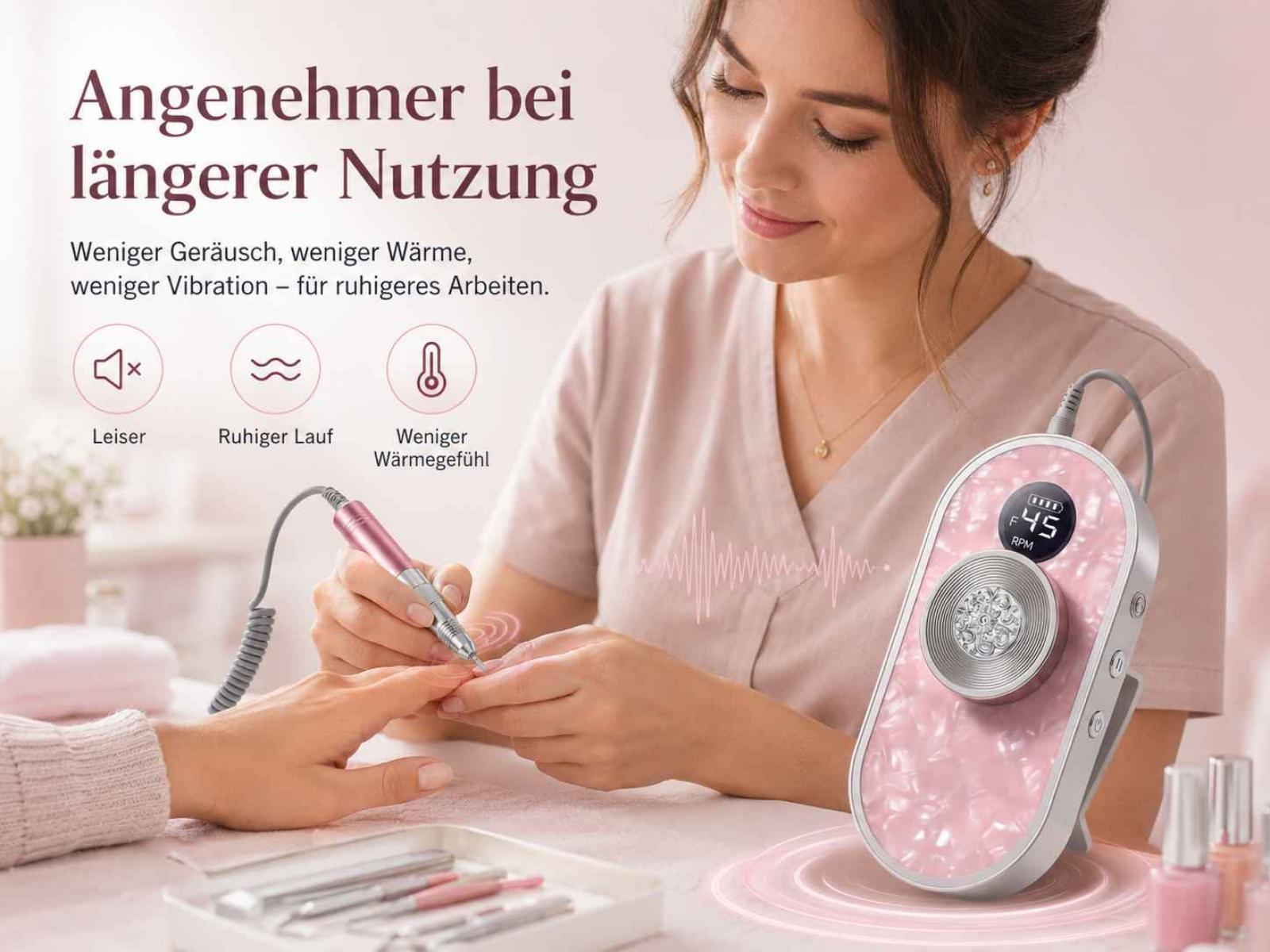 Eine Nageldesignerin nutzt ein elektrisches Maniküregerät mit rosafarbenem Gehäuse an einem Handmodell.