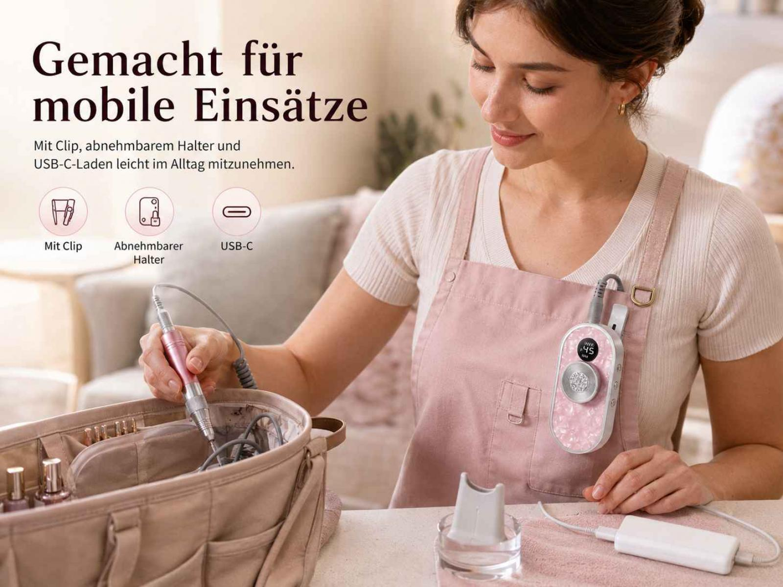 Eine Frau hält einen tragbaren Nagelfräser, der an einem pinken Gerät an ihrer Latzhose befestigt ist.
