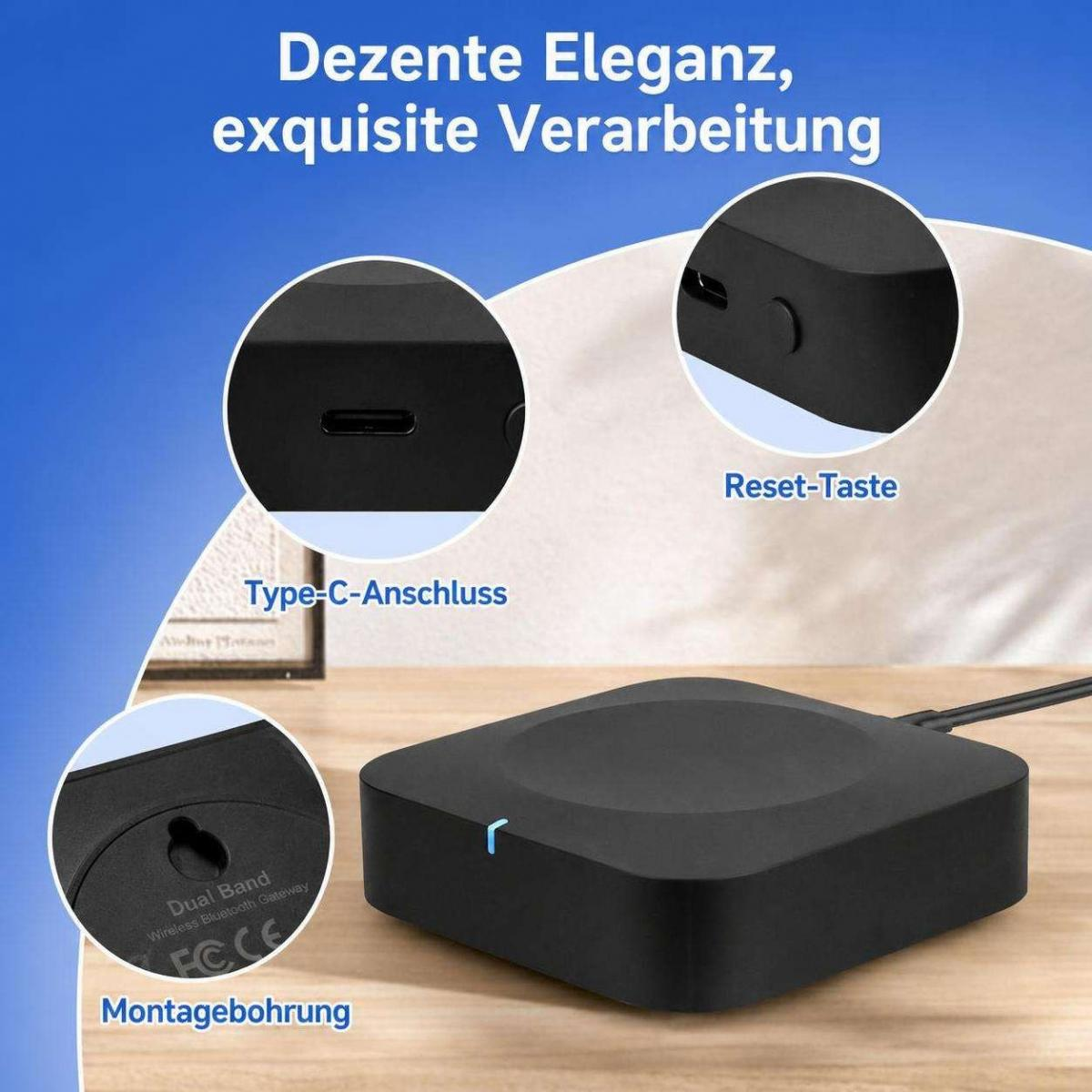 Schwarzes Gateway mit Type-C, Reset-Taste und Montagebohrung.