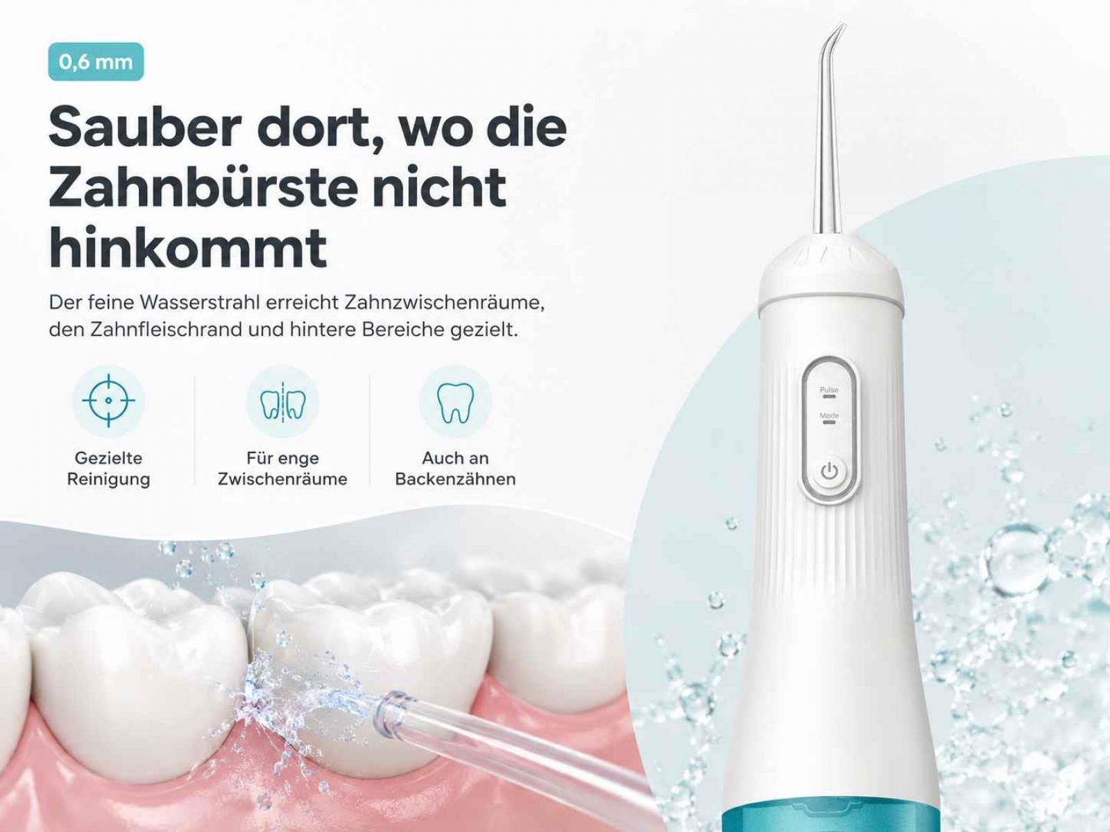 Eine weiße Munddusche sprüht Wasser zwischen Zähne, mit deutschem Werbetext und Icons.