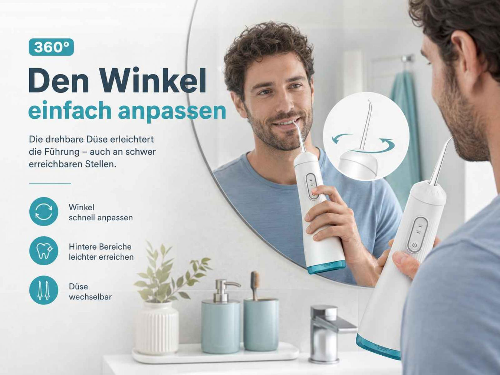 Ein lächelnder Mann benutzt einen weißen Munddusche vor einem Badezimmerspiegel, mit deutschem Werbetext.