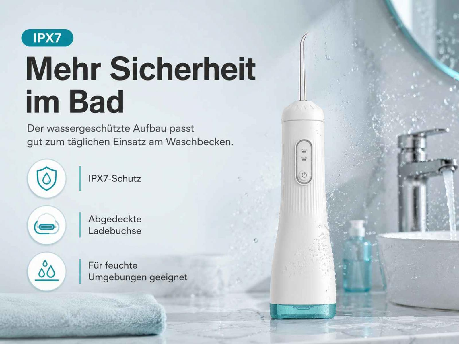 Eine weiße Munddusche steht auf einem nassen Waschbecken im Badezimmer mit Text und Symbolen.