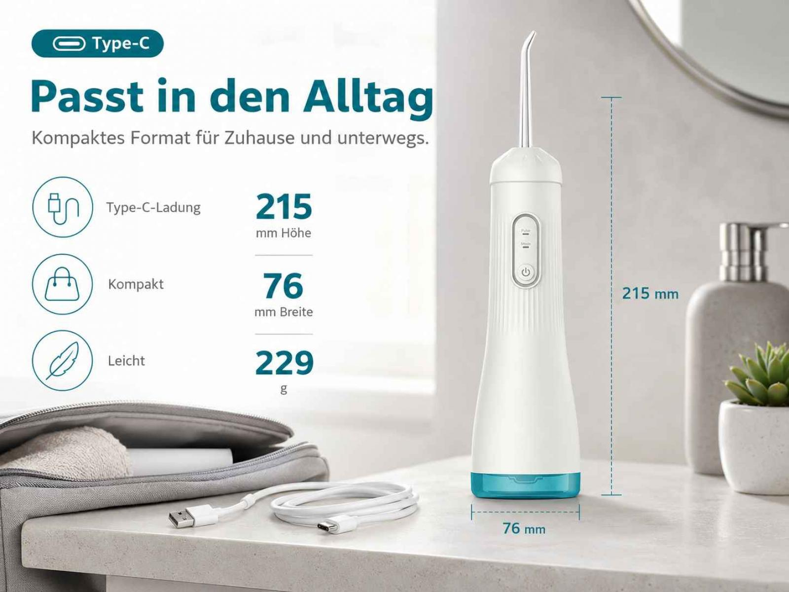 Weisse Munddusche mit blauer Basis, USB-Kabel und Maßen auf Badezimmertisch.