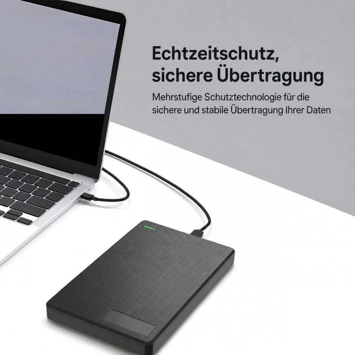 Ein schwarzer externer Speicher angeschlossen an einen Laptop auf einem weißen Tisch, mit deutschem Werbetext.