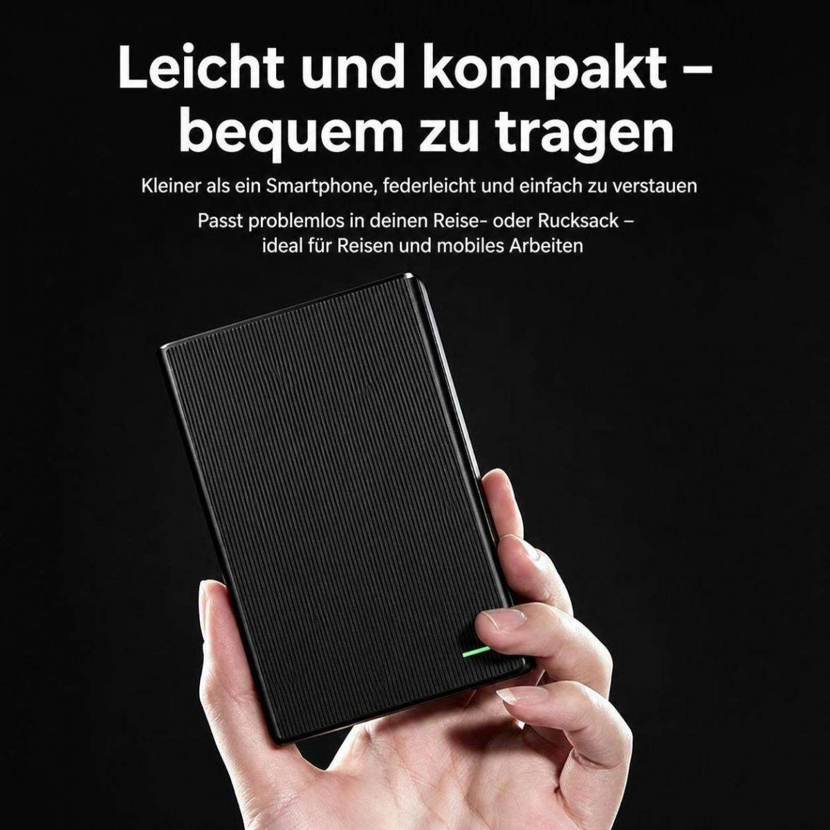 Eine Hand hält ein schwarzes, geripptes SSD-Laufwerk vor einem dunklen Hintergrund mit deutschem Werbetext.
