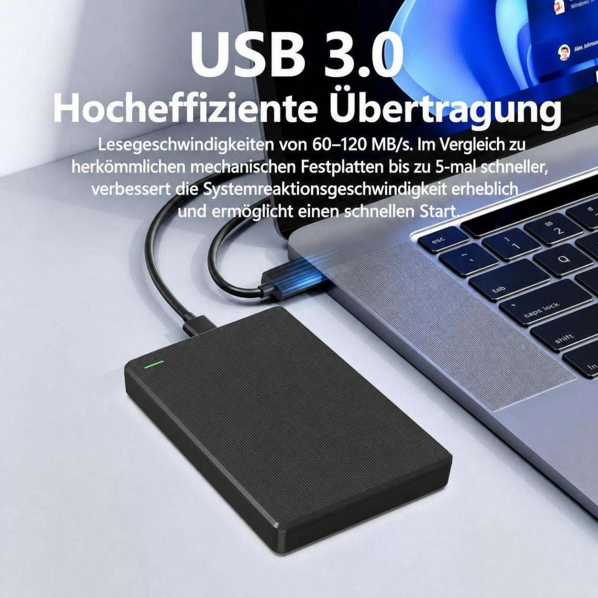 Eine externe schwarze Festplatte ist per Kabel mit einem Laptop verbunden.
