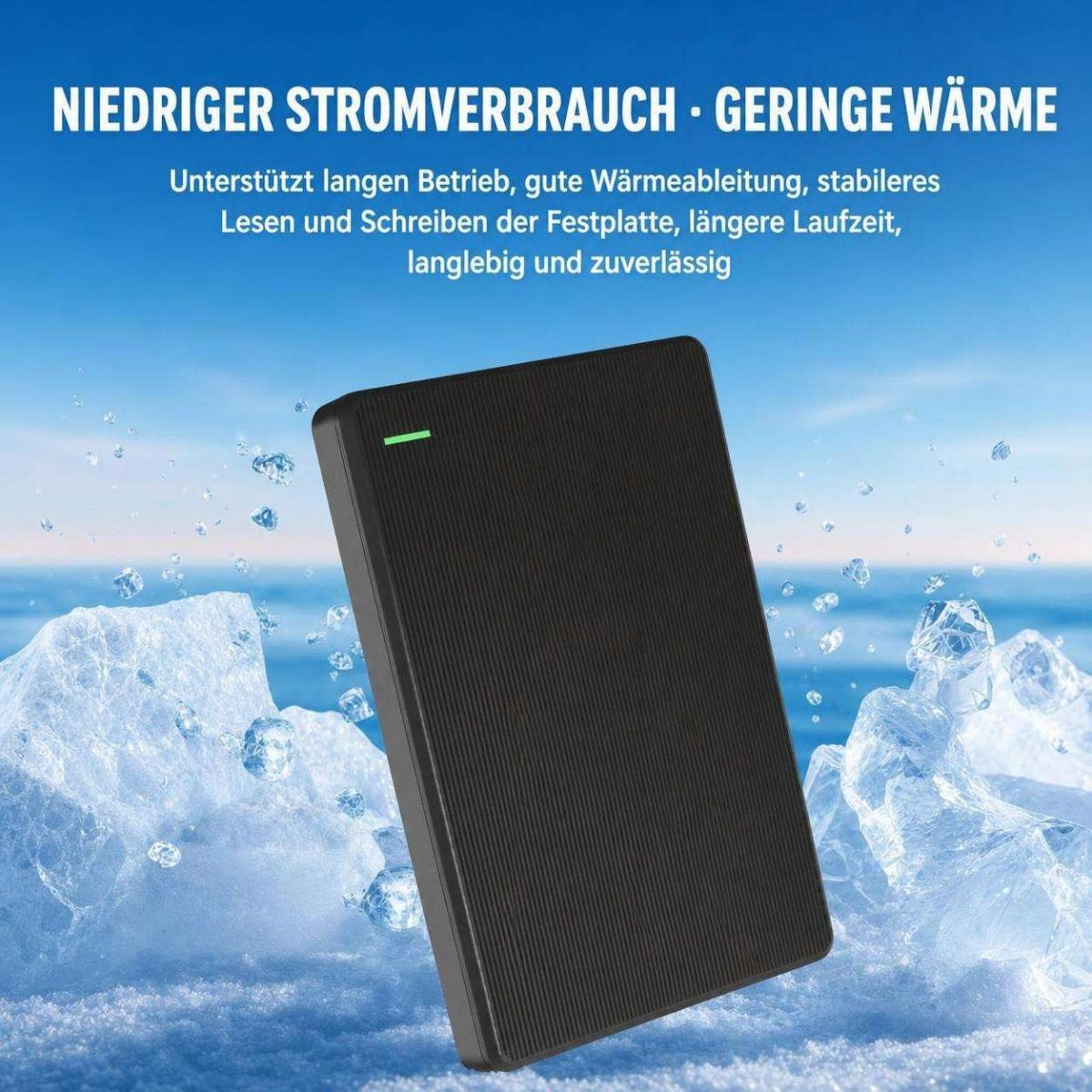 Schwarze externe Festplatte auf blauem, eiskaltem Hintergrund mit Text auf Deutsch.