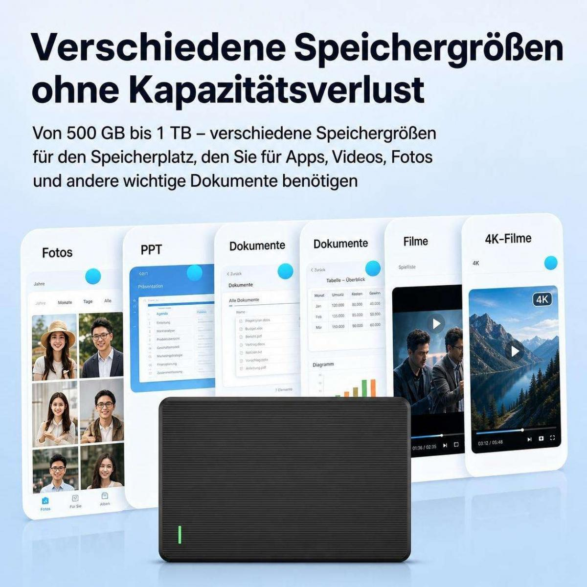 Eine externe Festplatte in Schwarz vor Smartphones mit verschiedenen Apps wie Fotos, Dokumenten und Videos.