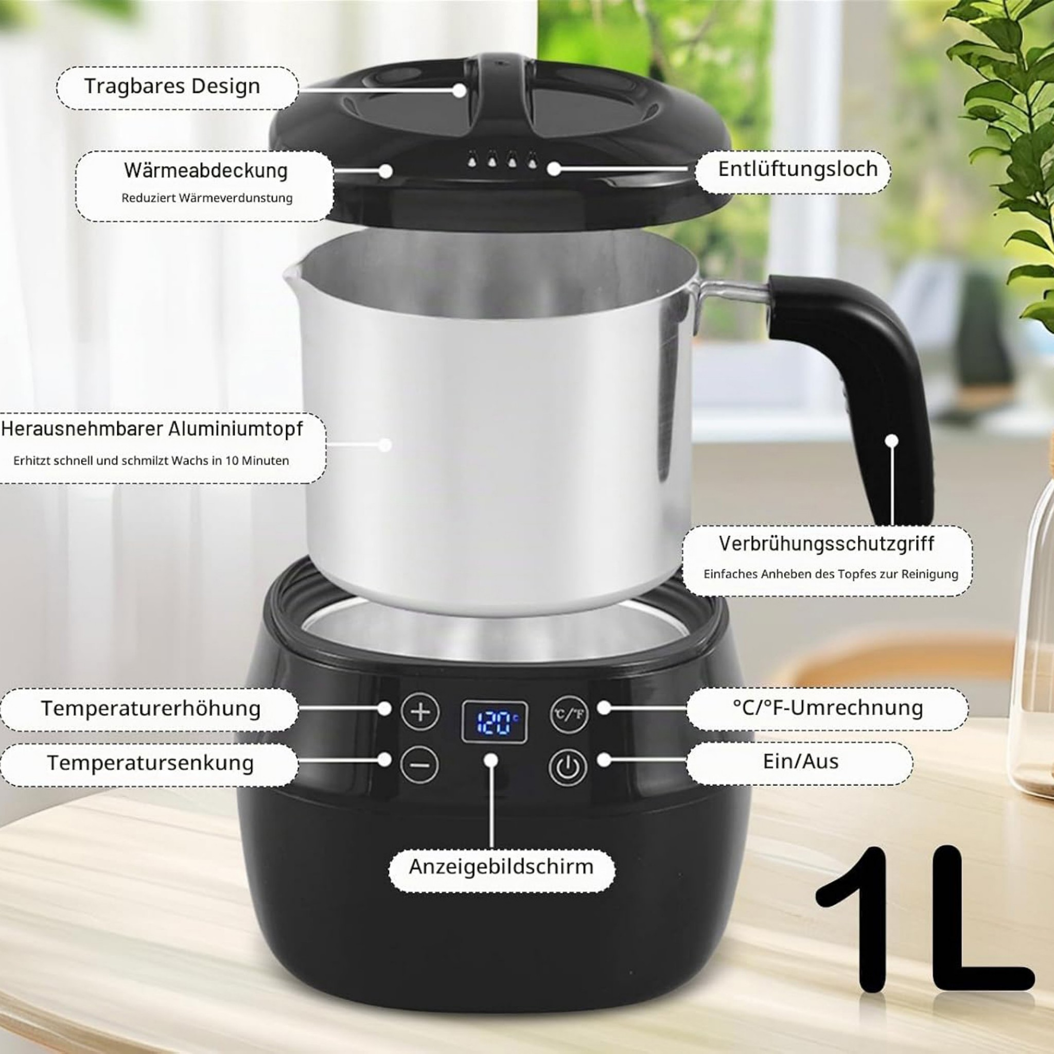 Wachsschmelzer mit abnehmbarem Alutopf, Display und Labels für tragbares Design und Temperaturregelung.