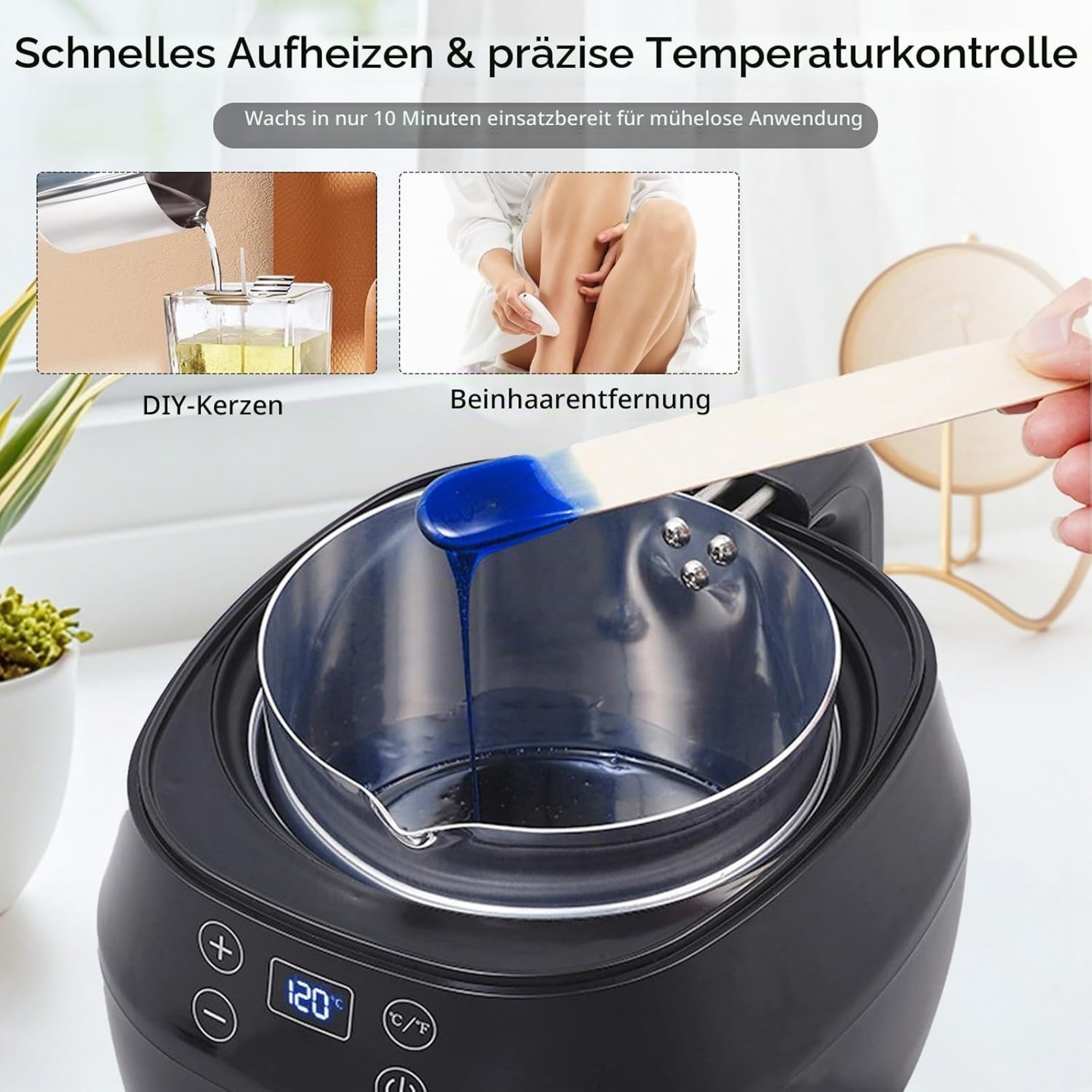 Wachs- und Kerzenwärmer mit digitaler Anzeige, blauer Wachstropfen am Spatel und Anwendungsbeispielen.