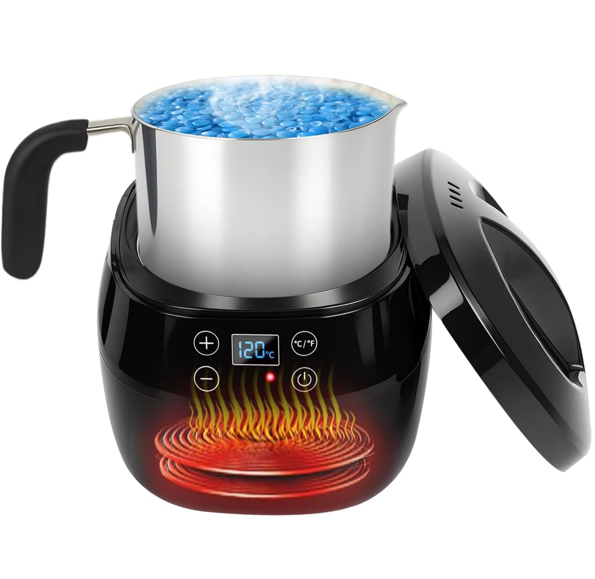 Ein schwarzer Wachswärmer mit Metalltopf voller blauem Wachs, digitaler Anzeige und leuchtenden Heizspirale.