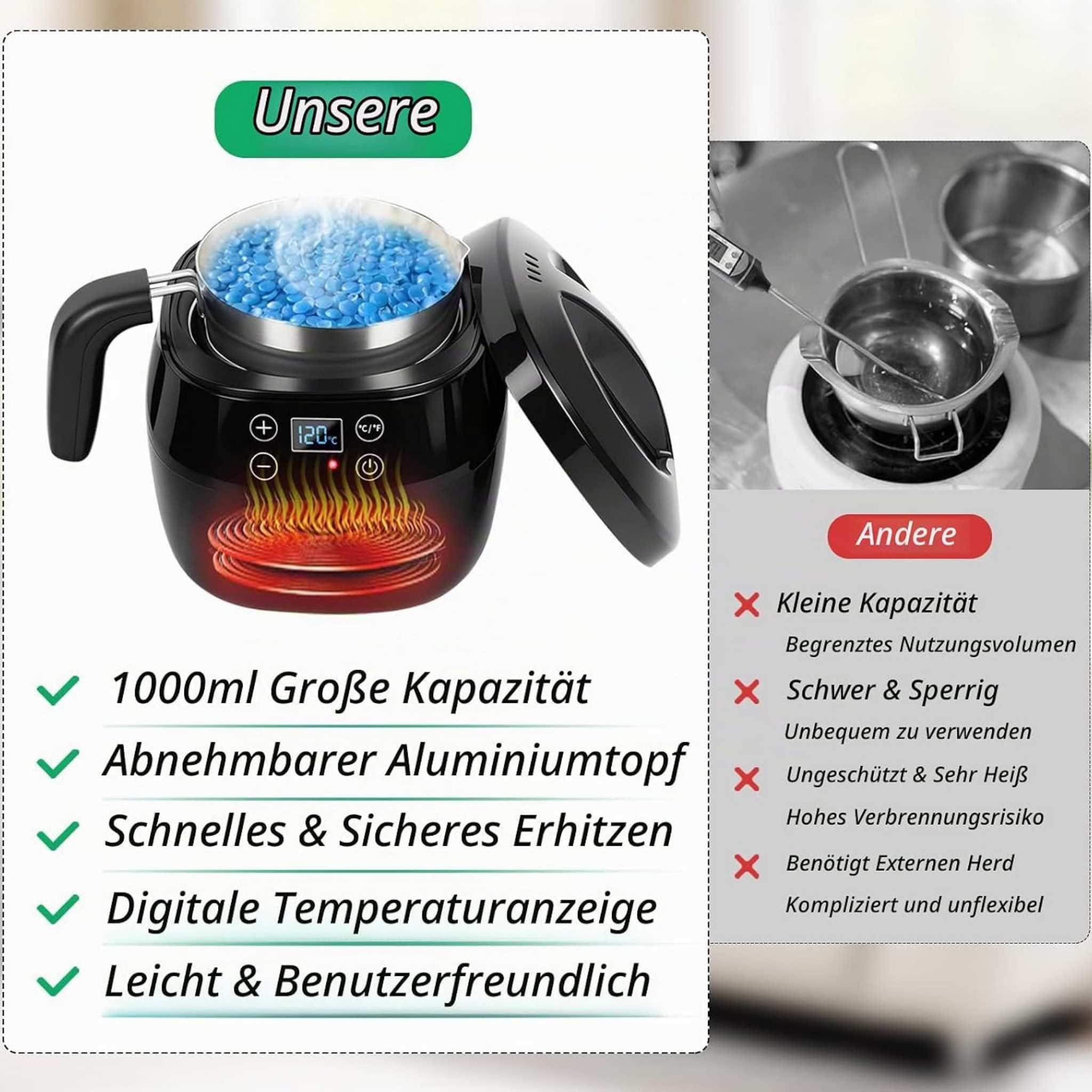 Vergleich zweier Wachsschmelzer mit deutschen Werbetexten zu Kapazität, Bedienung und Sicherheit.