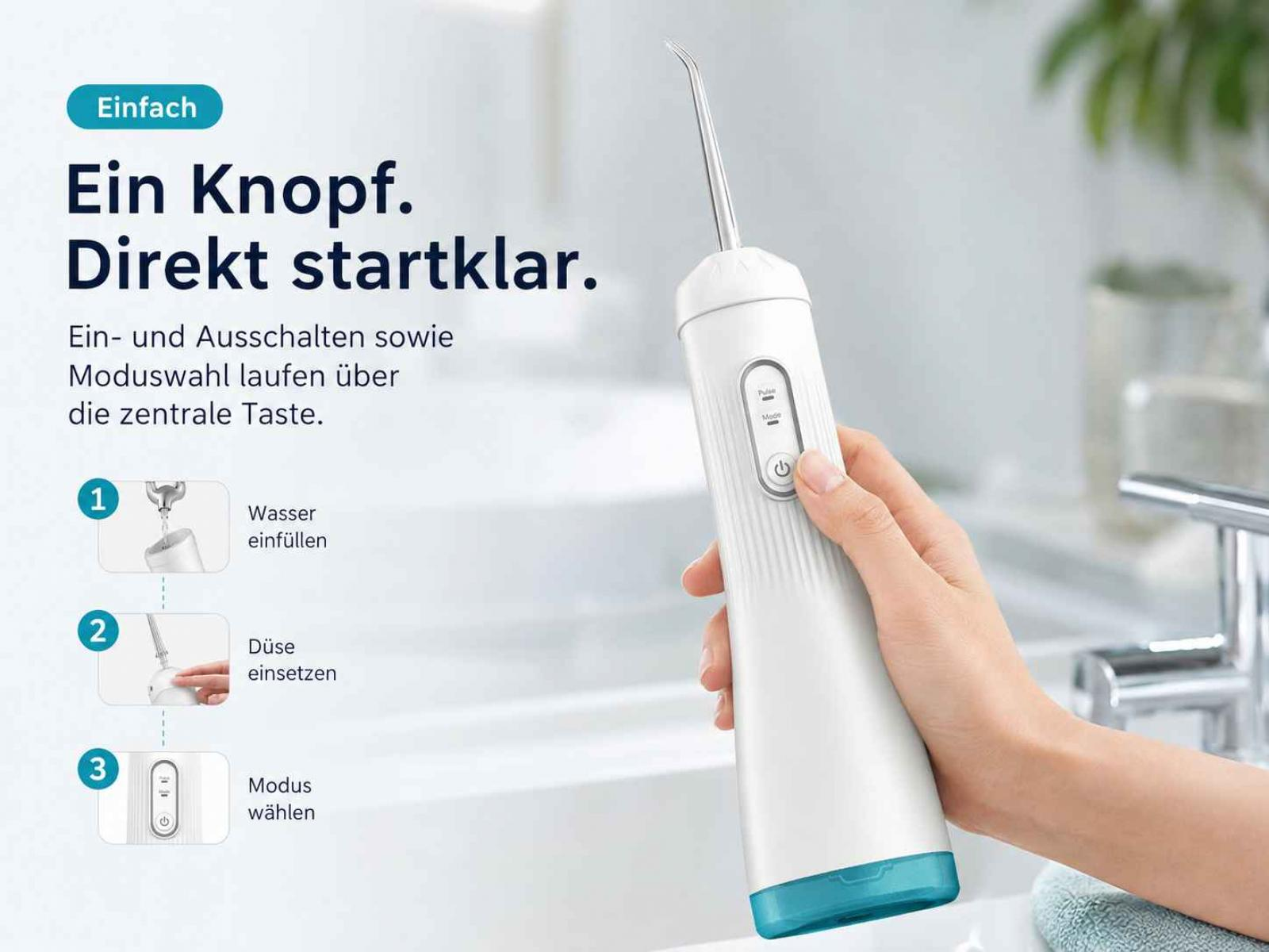 Eine Hand hält einen weißen Munddusche mit deutschem Text und drei nummerierten Schritten links.