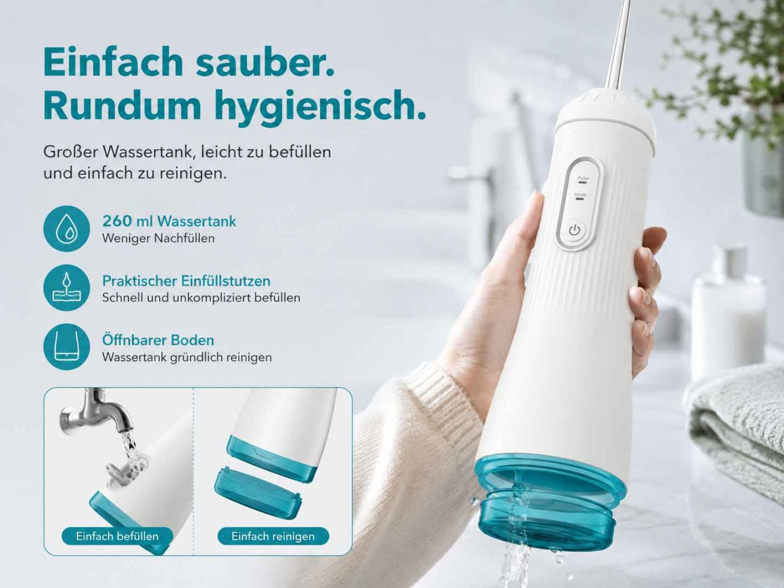 Hand hält weiße und blaue Munddusche mit Text und zwei Demonstrationsbildern links.