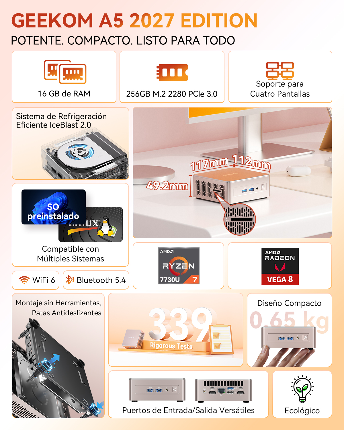 Anuncio del mini PC Geekom A5 con especificaciones como RAM, almacenamiento, procesador y dimensiones.