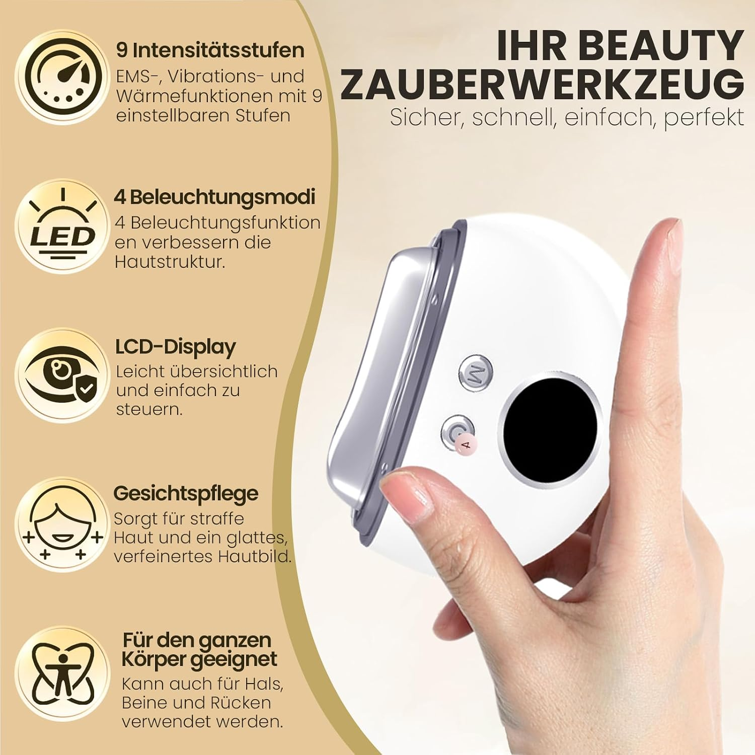 Hand hält weißes Beauty-Gerät mit LCD-Display vor beigem Hintergrund mit deutschen Feature-Texten.