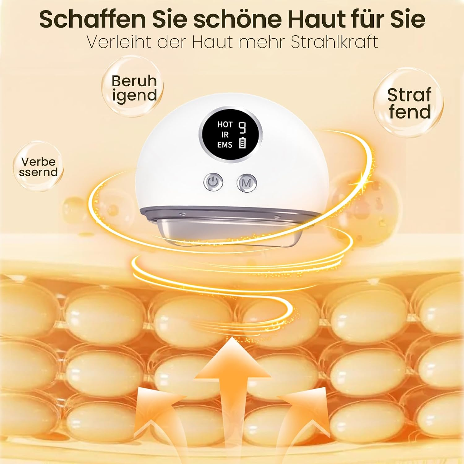 Ein weißes Hautpflegegerät mit digitalem Display schwebt über einer Hautschicht-Grafik, umgeben von deutschem Text.