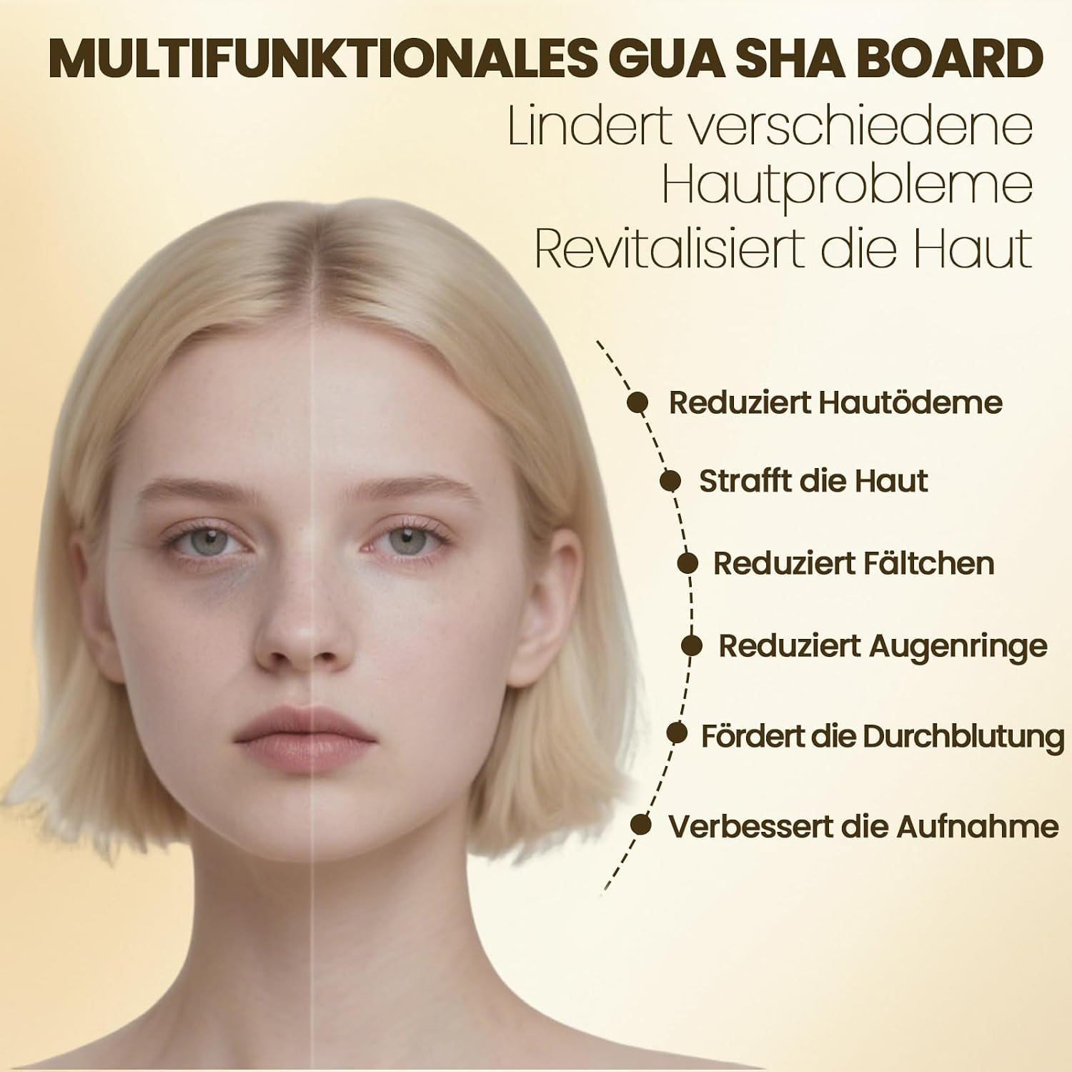 Gesicht einer Frau mit deutschem Text zu den Vorteilen eines Gua Sha Boards.