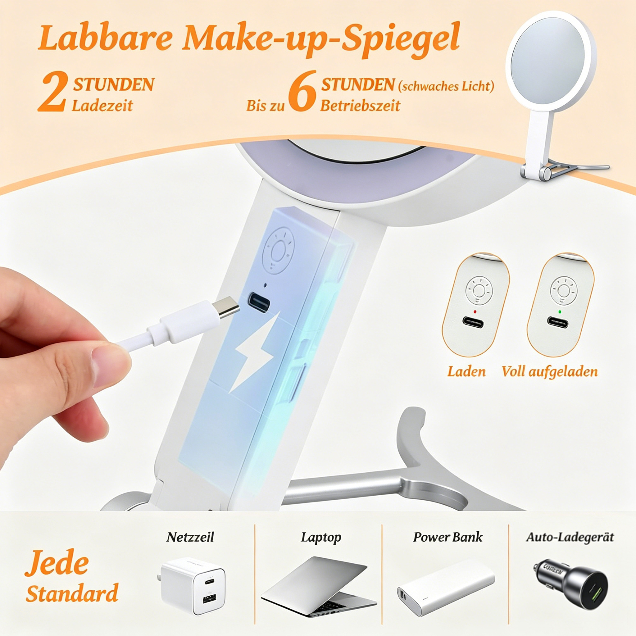 Eine Hand steckt ein USB-C-Kabel in einen weißen Schminkspiegel mit Text und Ladesymbolen.