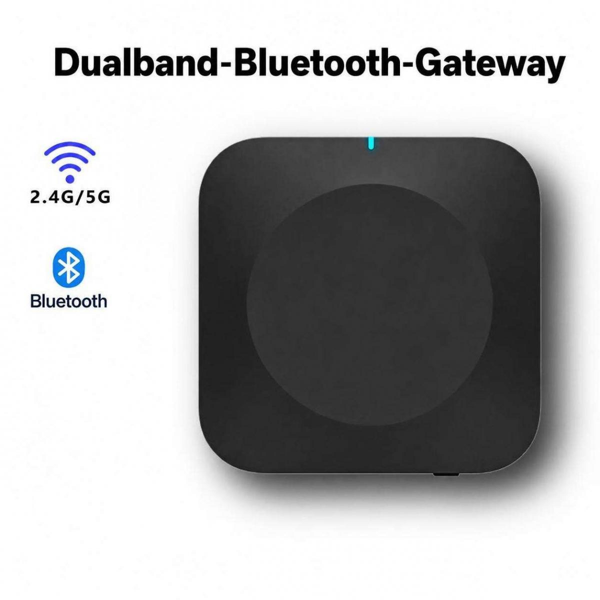 Ein schwarzes Dualband-Bluetooth-Gateway mit kleiner blauer LED, WLAN- und Bluetooth-Symbolen.