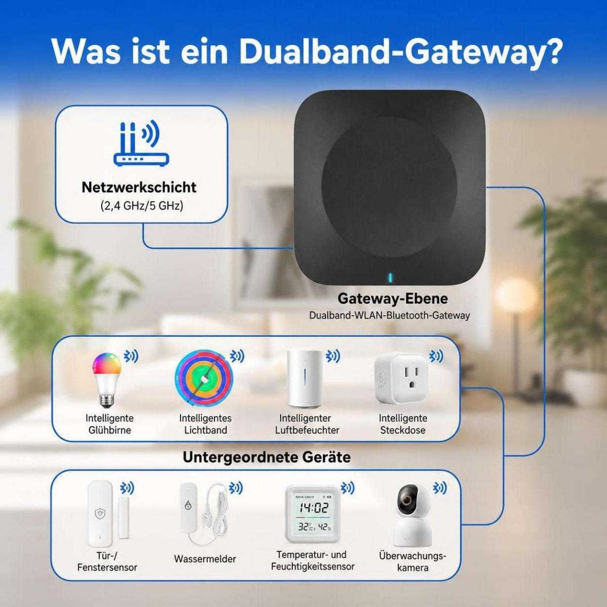 Diagramm erklärt das Dualband-Gateway mit verbundenen smarten Geräten wie Leuchten, Sensoren und Kameras.