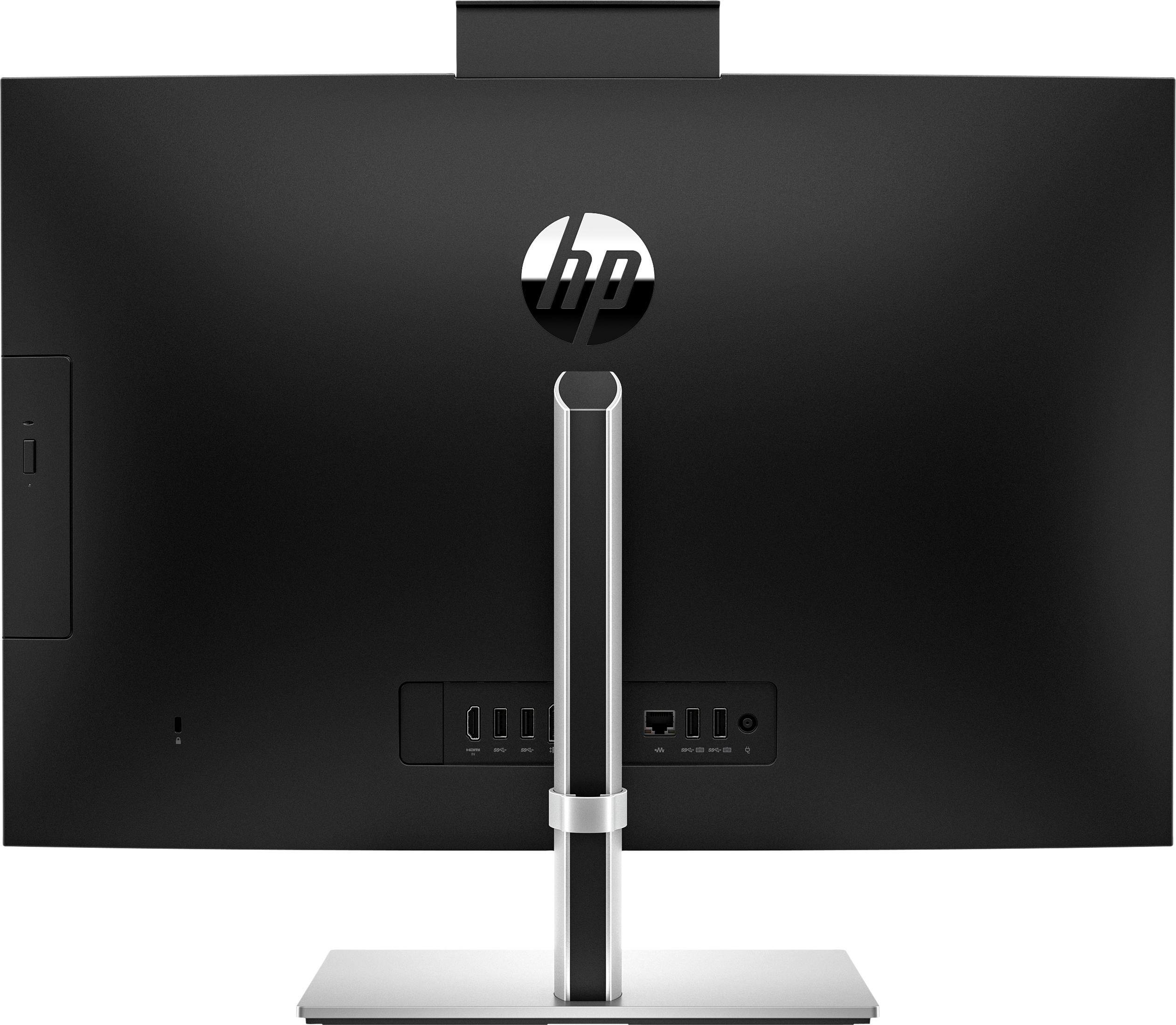 Widok z tyłu czarnego monitora HP all-in-one ze srebrną podstawą i logo HP.