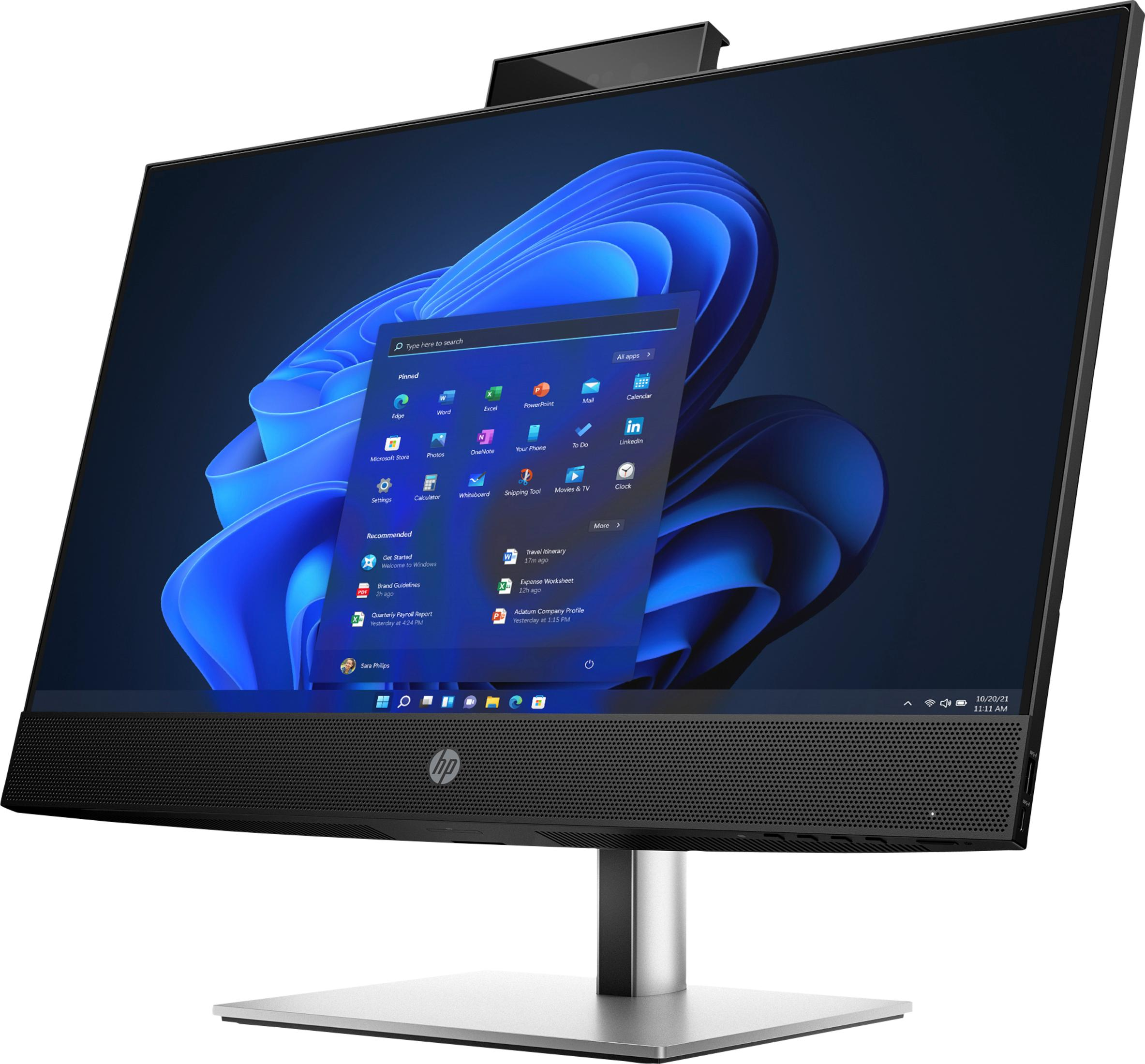 Komputer HP typu "wszystko w jednym" z menu Start systemu Windows 11 na niebieskim tle.