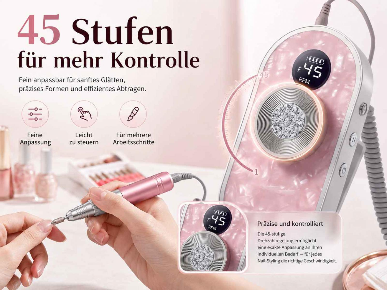 Hand hält rosafarbenes Nagelgerät mit digitaler Anzeige und 45 Geschwindigkeitsstufen.