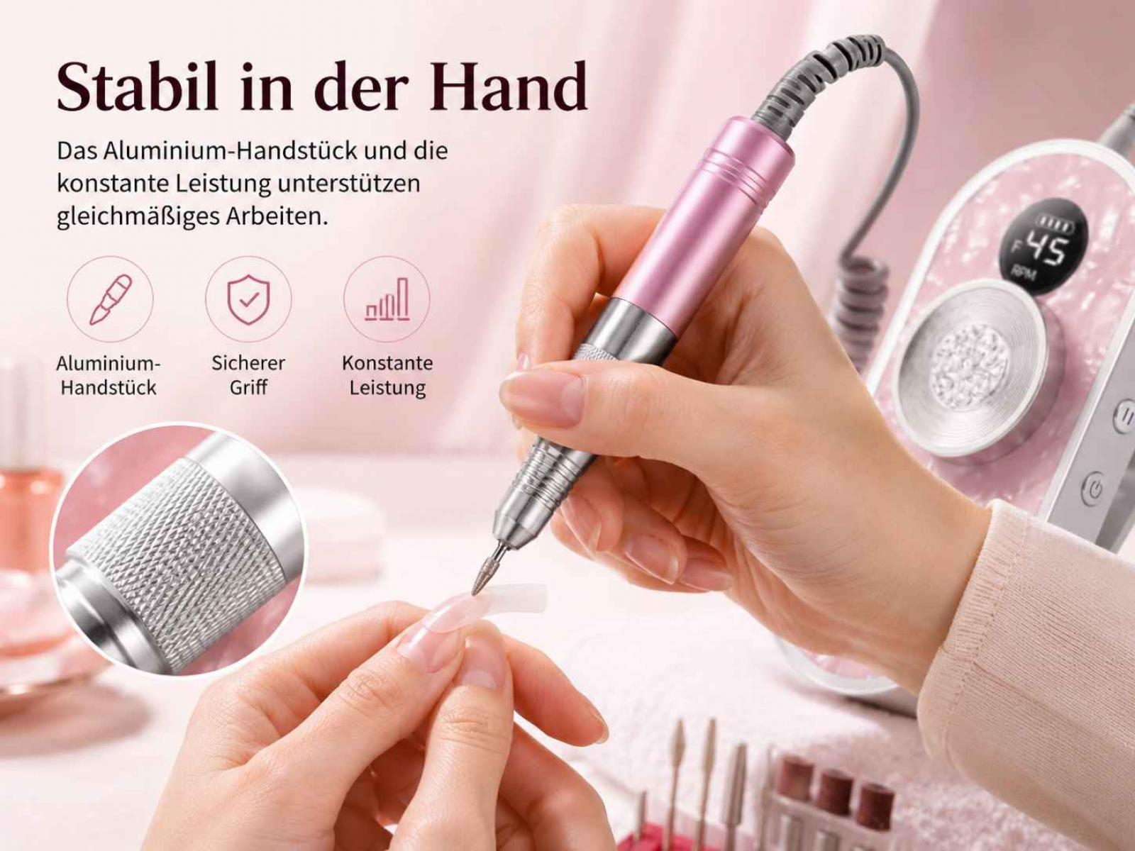 Eine Hand hält eine rosa elektrische Nagelfeile an einem Kunstnagel, mit deutschem Text und Icons auf rosa Hintergrund.