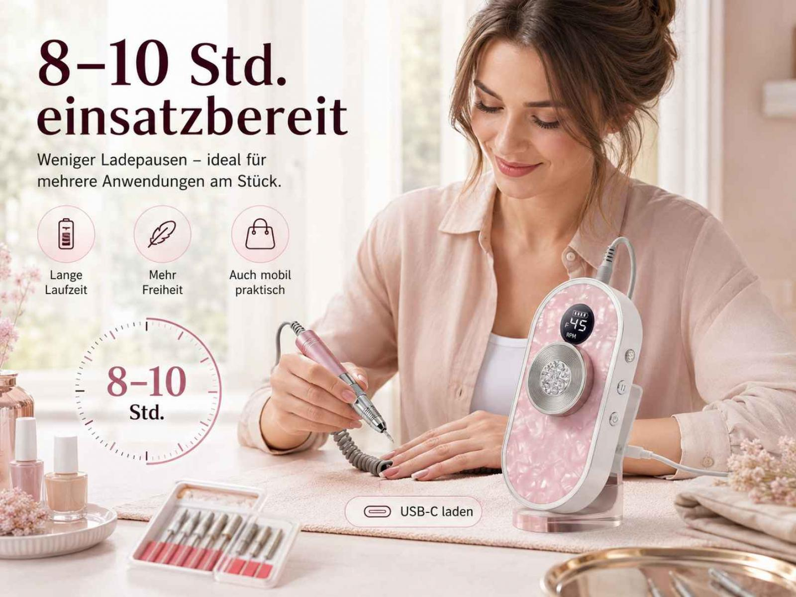 Eine Frau benutzt ein rosafarbenes elektrisches Nagelpflegegerät mit USB-C-Anschluss und Zubehör.