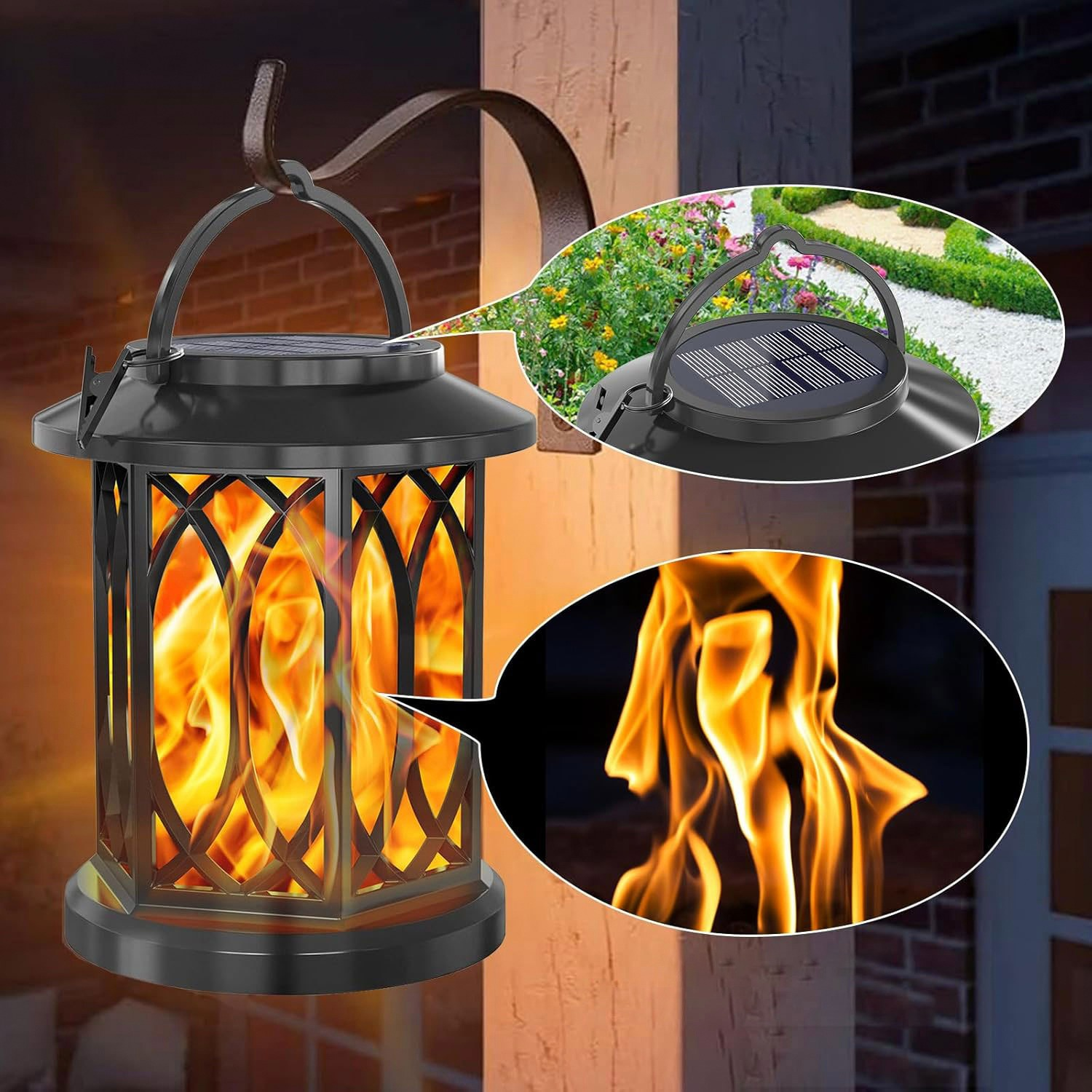 Schwarze Solarlaterne mit realistischem Flammeneffekt, hängend an einer Stütze, mit vergrößerten Details.