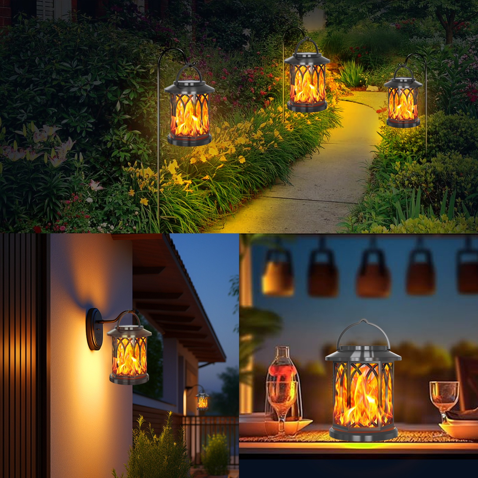 Solar-Gartenlaternen mit realistischem Flammeneffekt an einem Gartenweg und einer Hauswand.