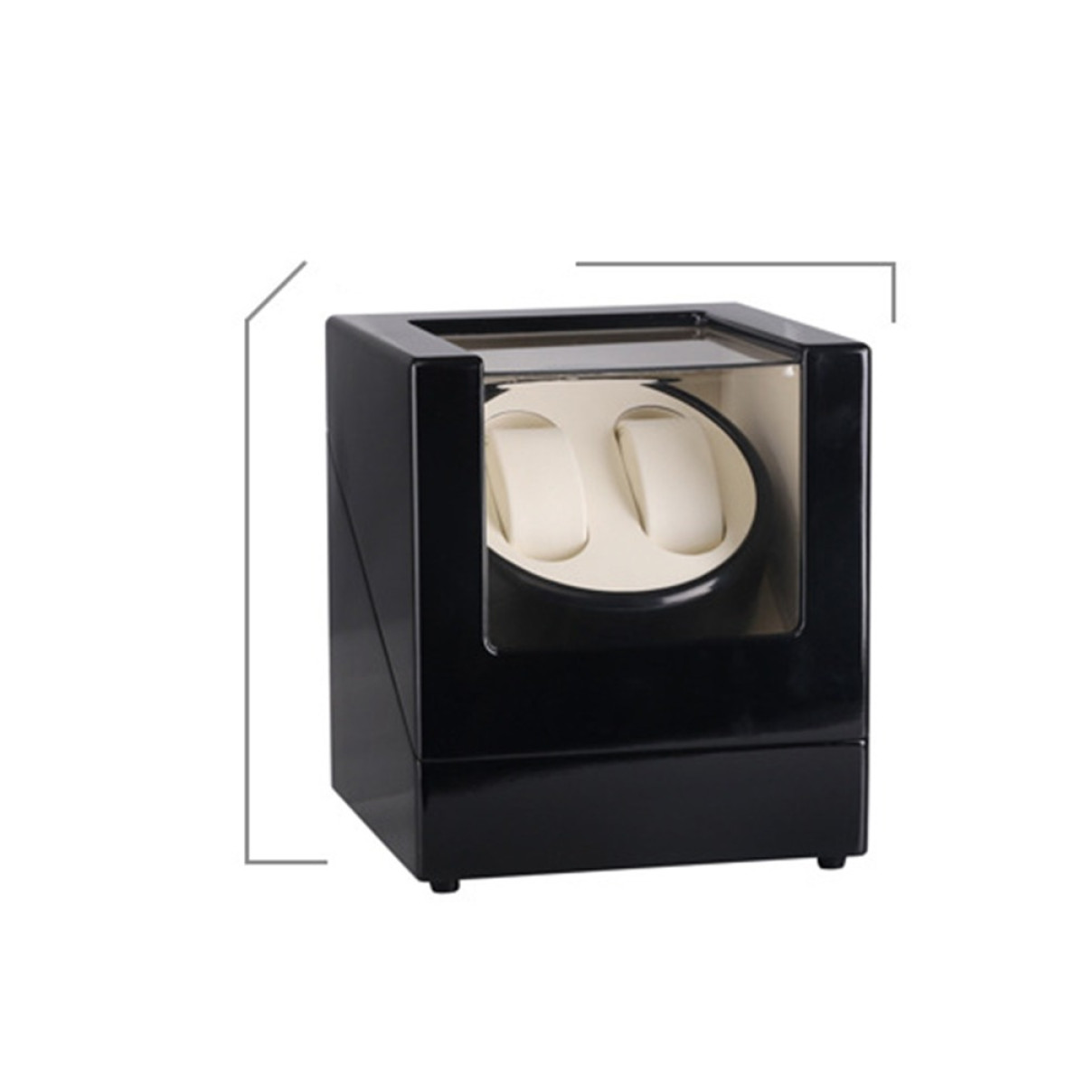 Eine schwarze Uhrenbeweger-Box mit zwei beige Samt-Kissen im Inneren und einer Glasabdeckung.