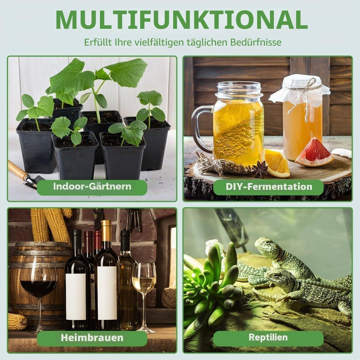 Vier Bilder zeigen multifunktionale Anwendungen: Indoor-Gärtnern, DIY-Fermentation, Heimbrauen und Reptilien.