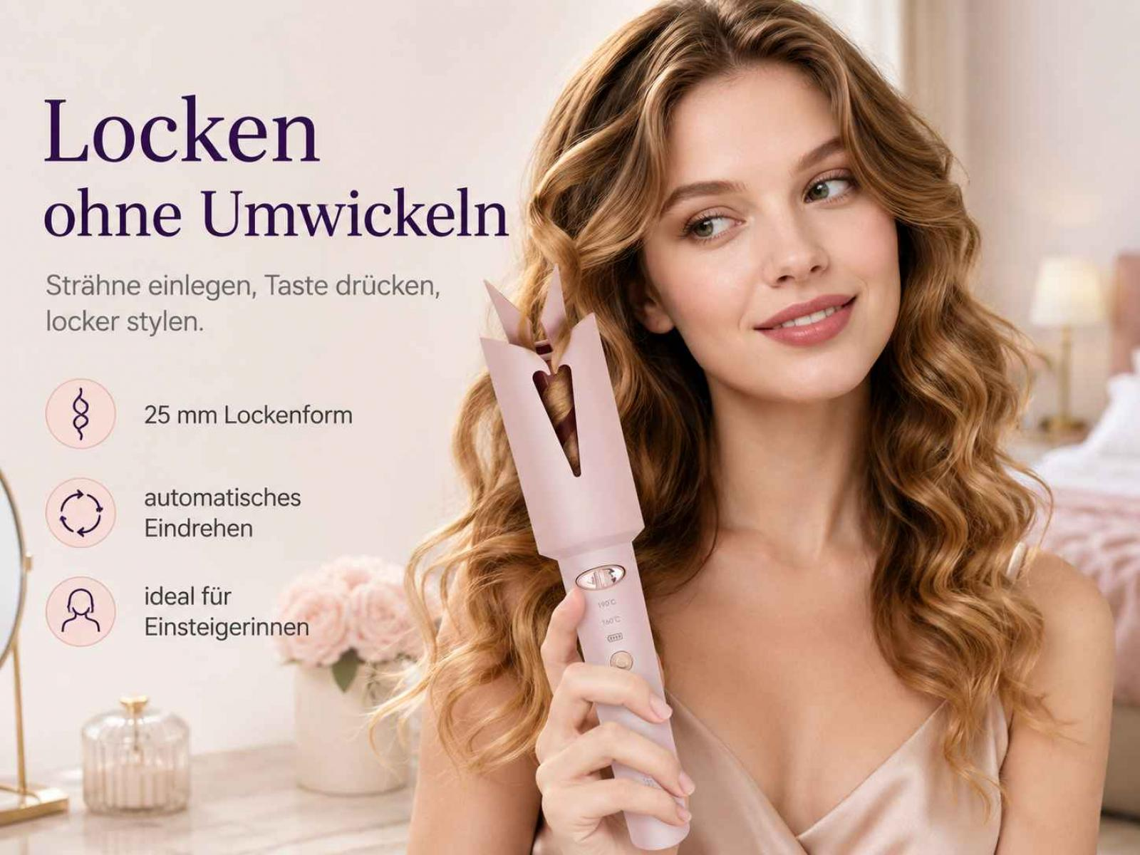 Eine Frau hält einen automatischen rosa Lockenstab an ihr blondes Haar, links deutscher Werbetext.
