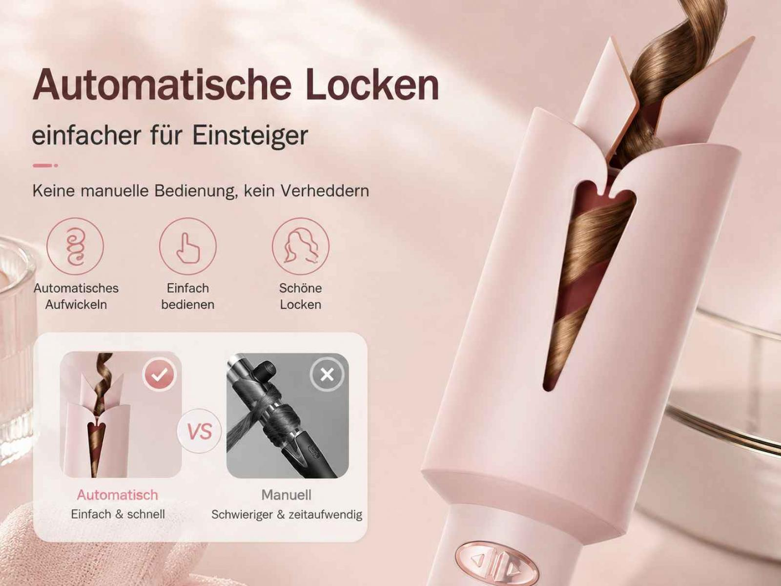 Werbung für automatischen Lockenstab mit braunem Haar und Text auf Deutsch.