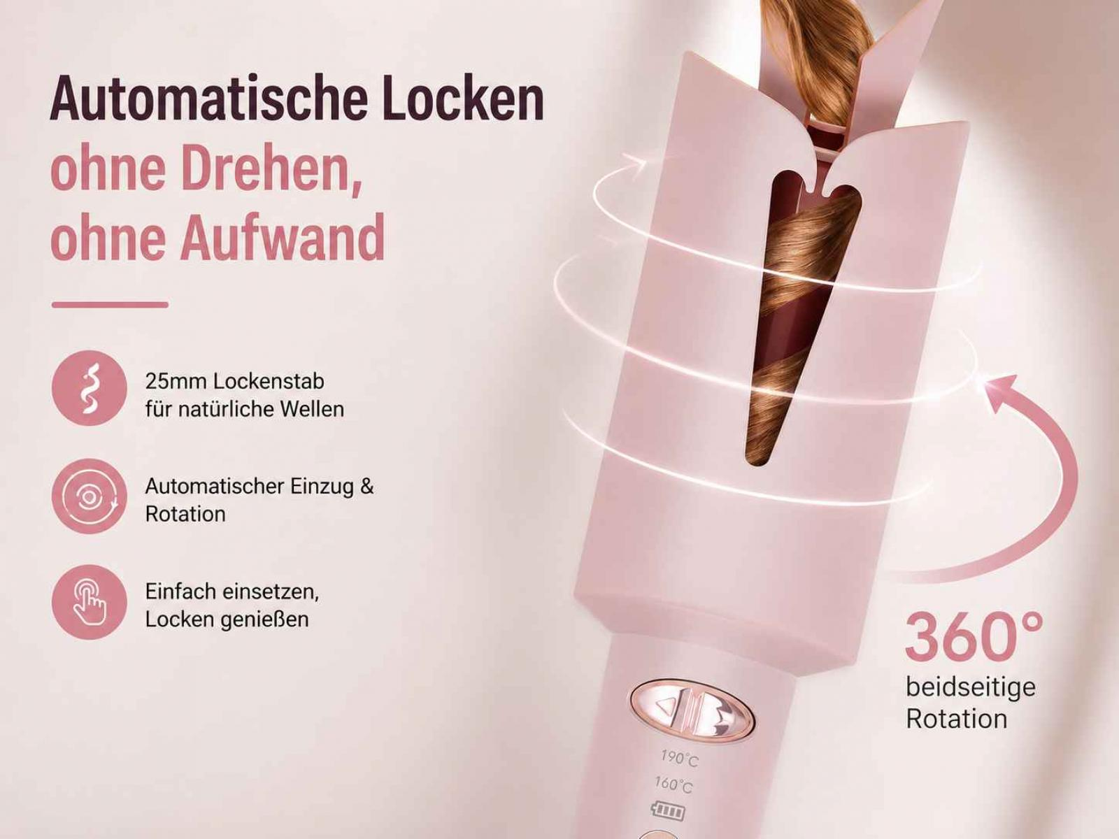 Rosa automatischer Lockenstab mit 360-Grad-Rotation und deutscher Textwerbung.