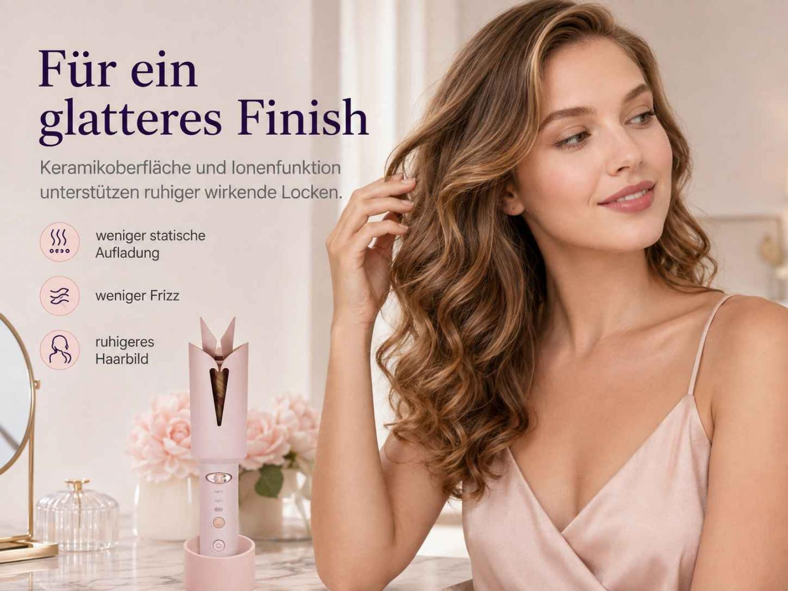 Eine Frau mit gewelltem Haar und ein rosa automatischer Lockenstab auf dem Tisch mit Text.