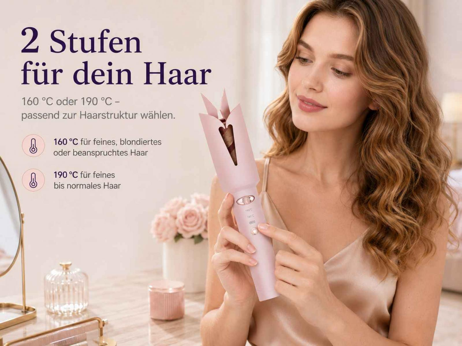 Eine Frau hält einen pinken Lockenstab vor textlichem Hintergrund mit Hinweisen zu zwei Temperaturstufen.
