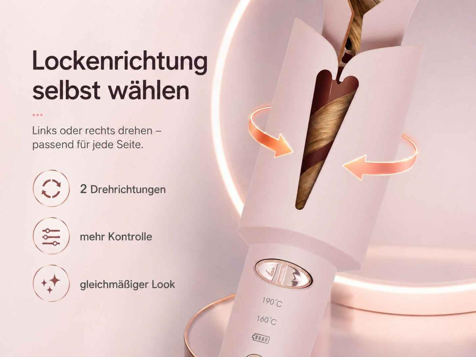 Ein automatischer Lockenstab in Rosa mit deutscher Beschriftung und Richtungspfeilen.