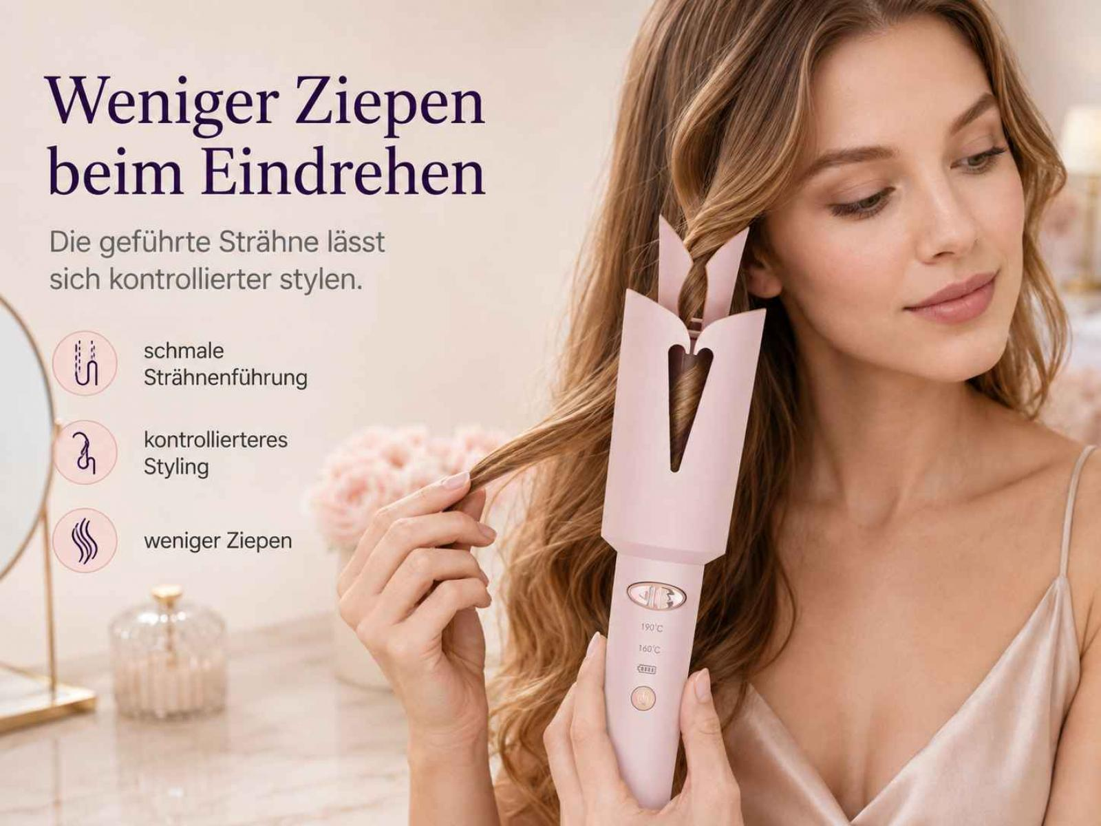 Eine Frau nutzt einen rosa automatischen Lockenstab, um ihre blonde Haasträhne zu stylen.