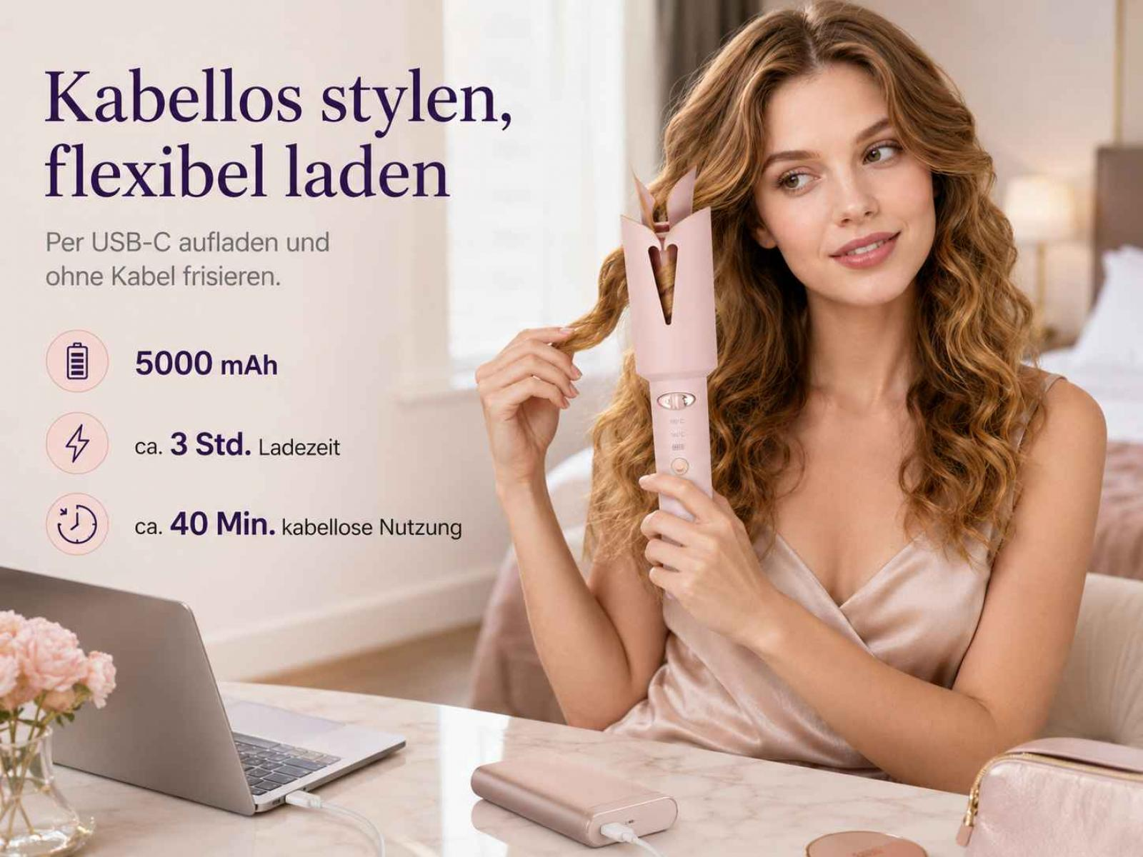 Eine Frau stylt ihre Haare mit einem kabellosen Lockenstab, während Text und Symbole links im Bild zu sehen sind.