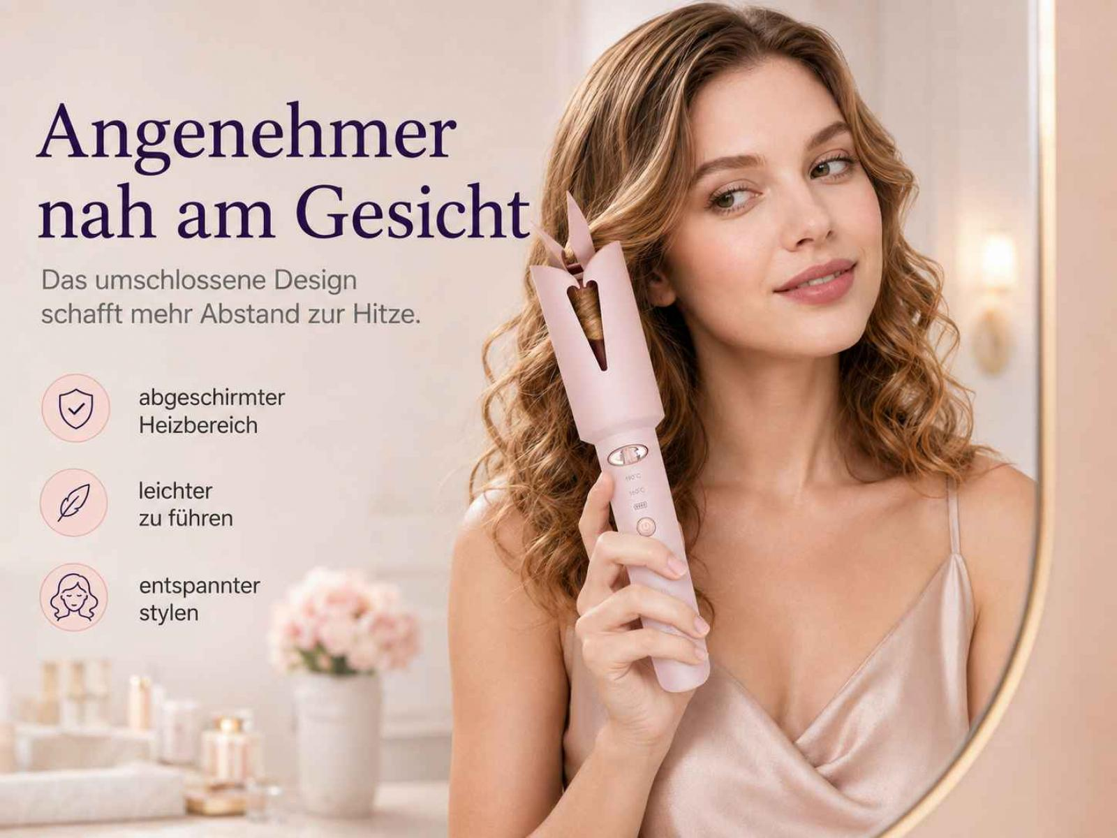 Eine Frau hält einen rosa Lockenstab in der Hand, mit Text im Bild.