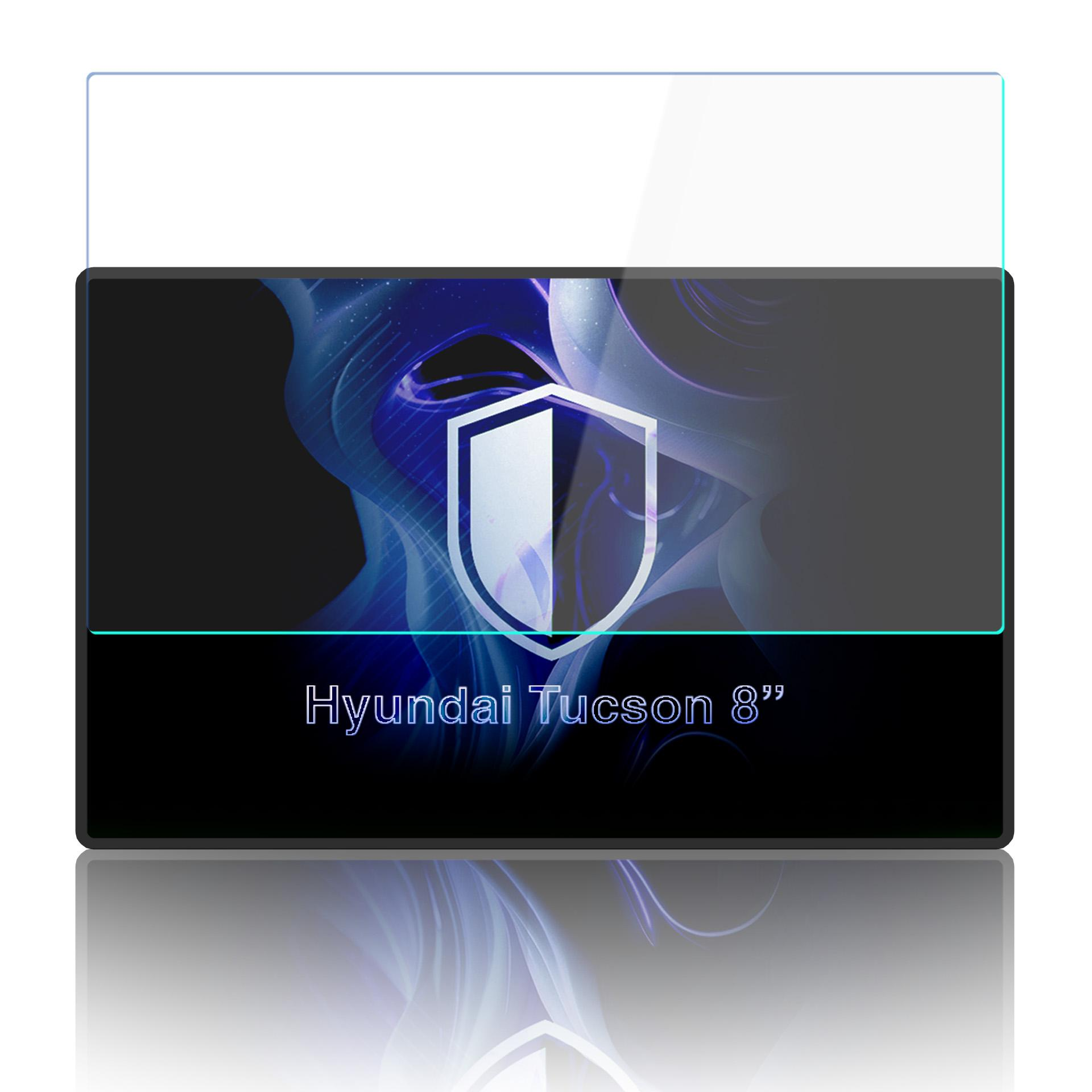 Folia ochronna do ekranu Hyundai Tucson 8 cali z logo tarczy na niebieskim tle.