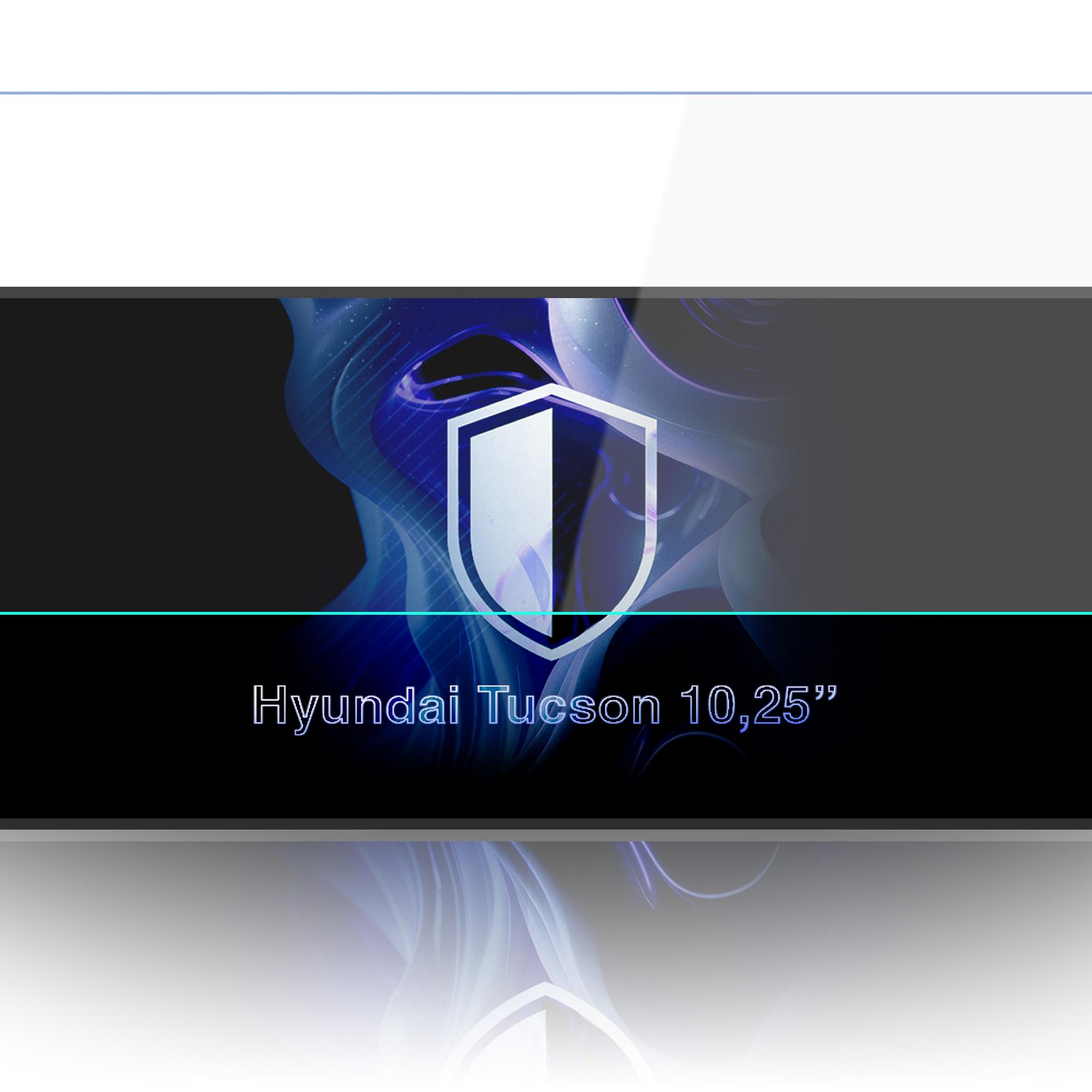 Niebieski ekran z ikoną tarczy i napisem Hyundai Tucson 10,25".