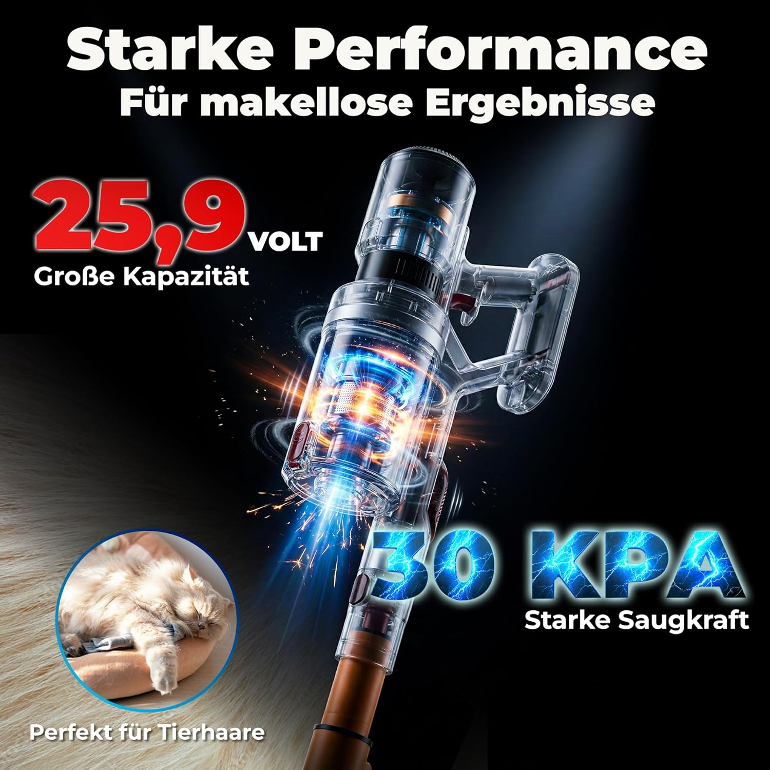 Akku-Staubsauger mit 25,9 Volt und 30 KPA Saugkraft auf schwarzem Hintergrund mit schlafender Katze.