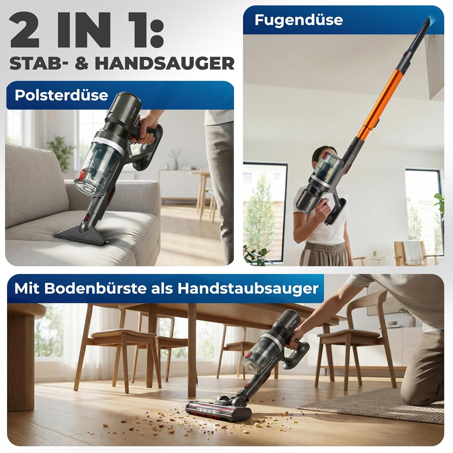 Ein 2-in-1-Staubsauger wird in drei verschiedenen Nutzungsszenarien gezeigt: als Handstaubsauger, Fugendüse und Bodenbürste.