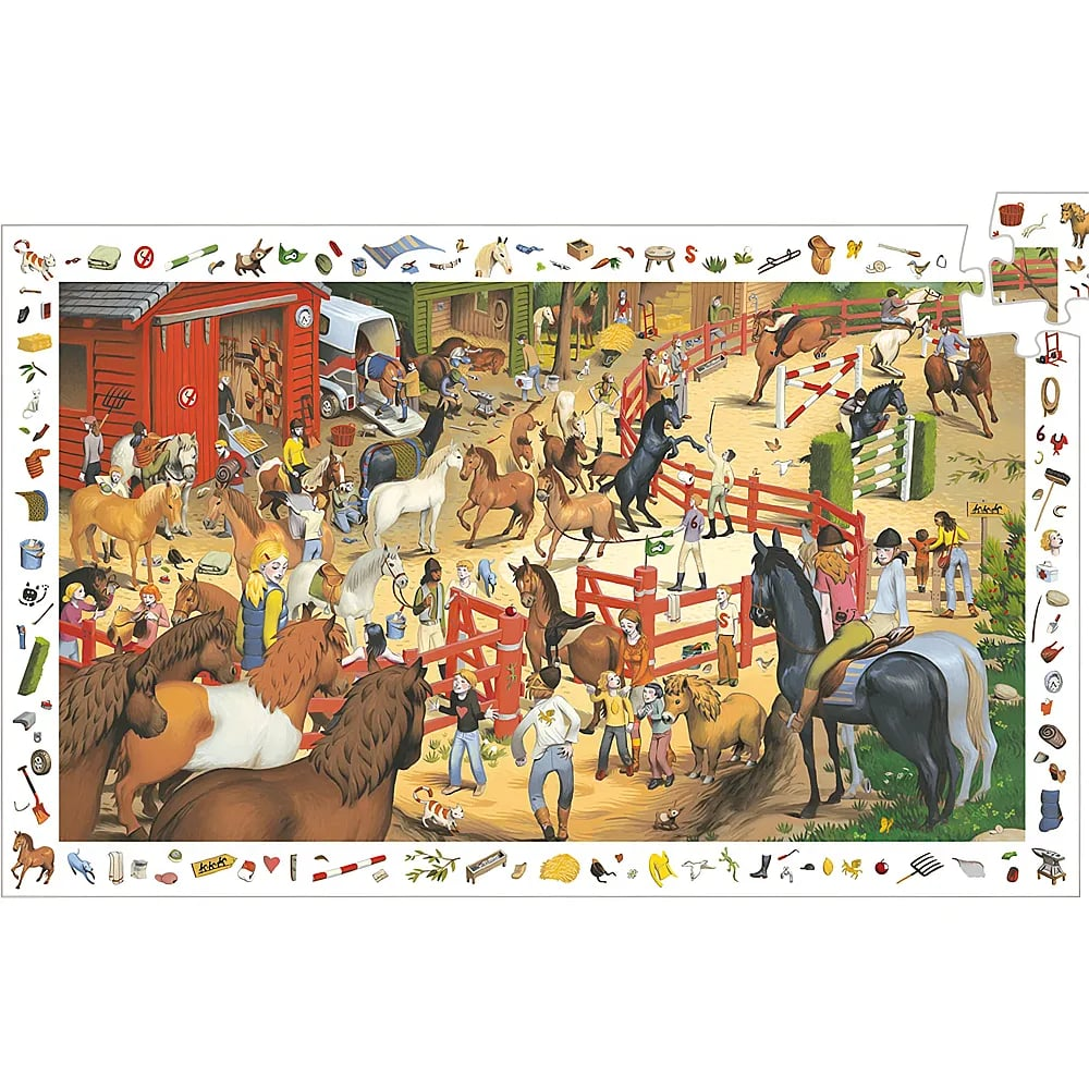 Ein illustriertes Puzzle zeigt einen geschäftigen Bauernhof mit vielen Pferden, Ställen und Menschen.