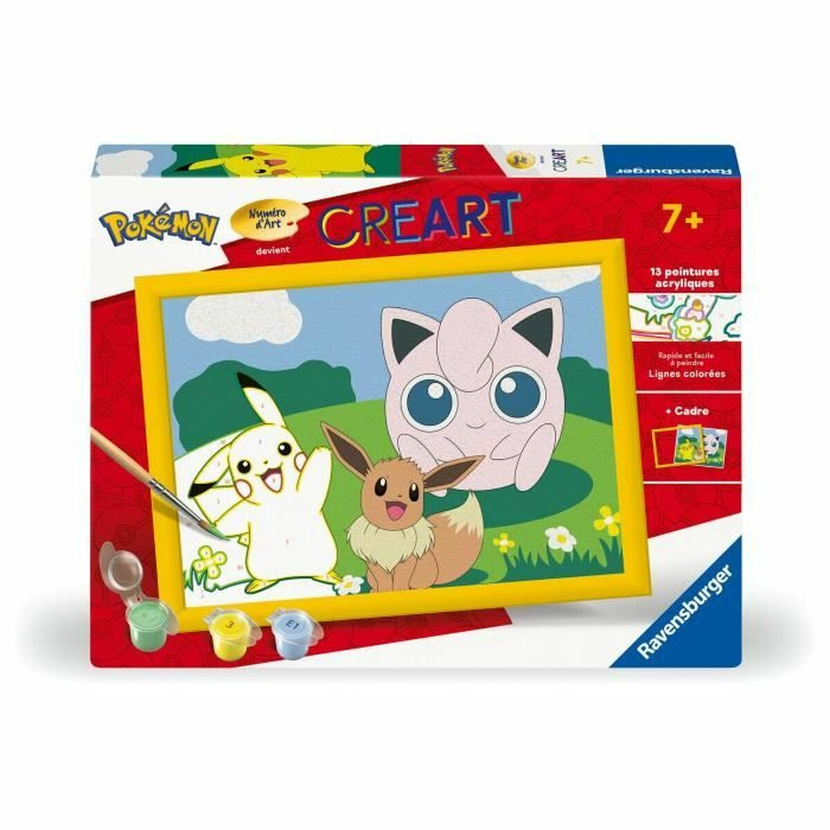 Pokémon CreArt Malen nach Zahlen Set mit Pikachu, Evoli und Pummeluff im gelben Rahmen.