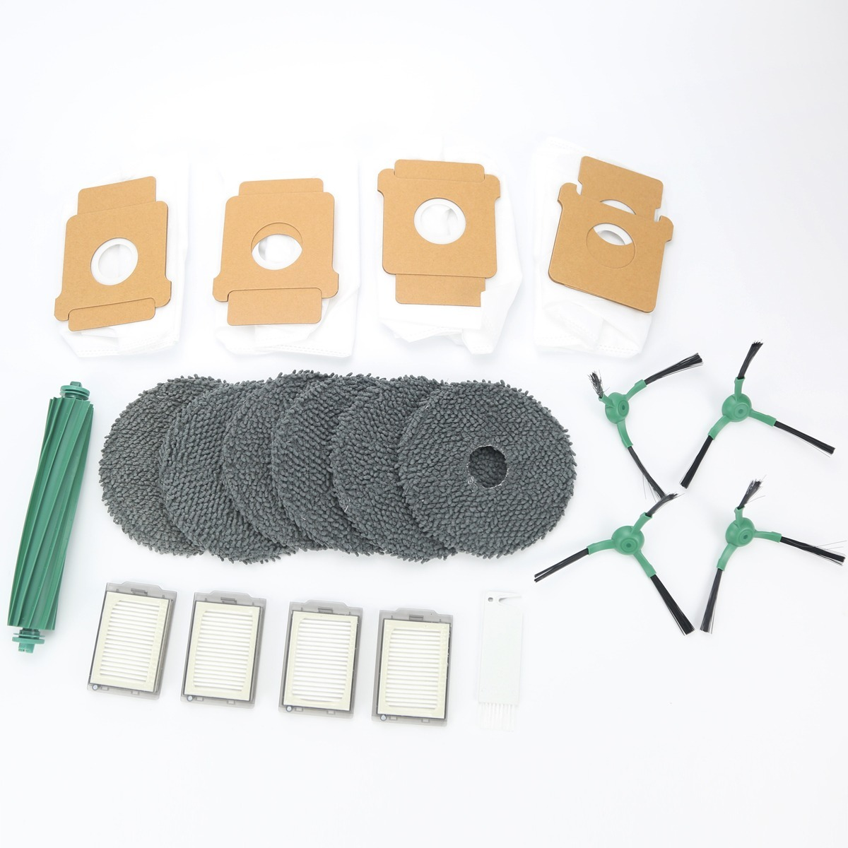 Accessori per robot aspirapolvere: sacchetti, panni, filtri, spazzole e un rullo.